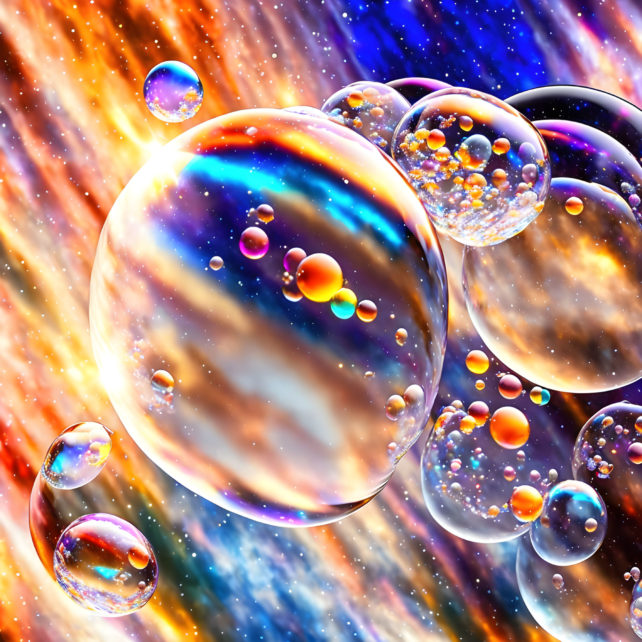 Colorful soap bubbles on cosmic galaxy backdrop with orange, blue, and yellow swirls