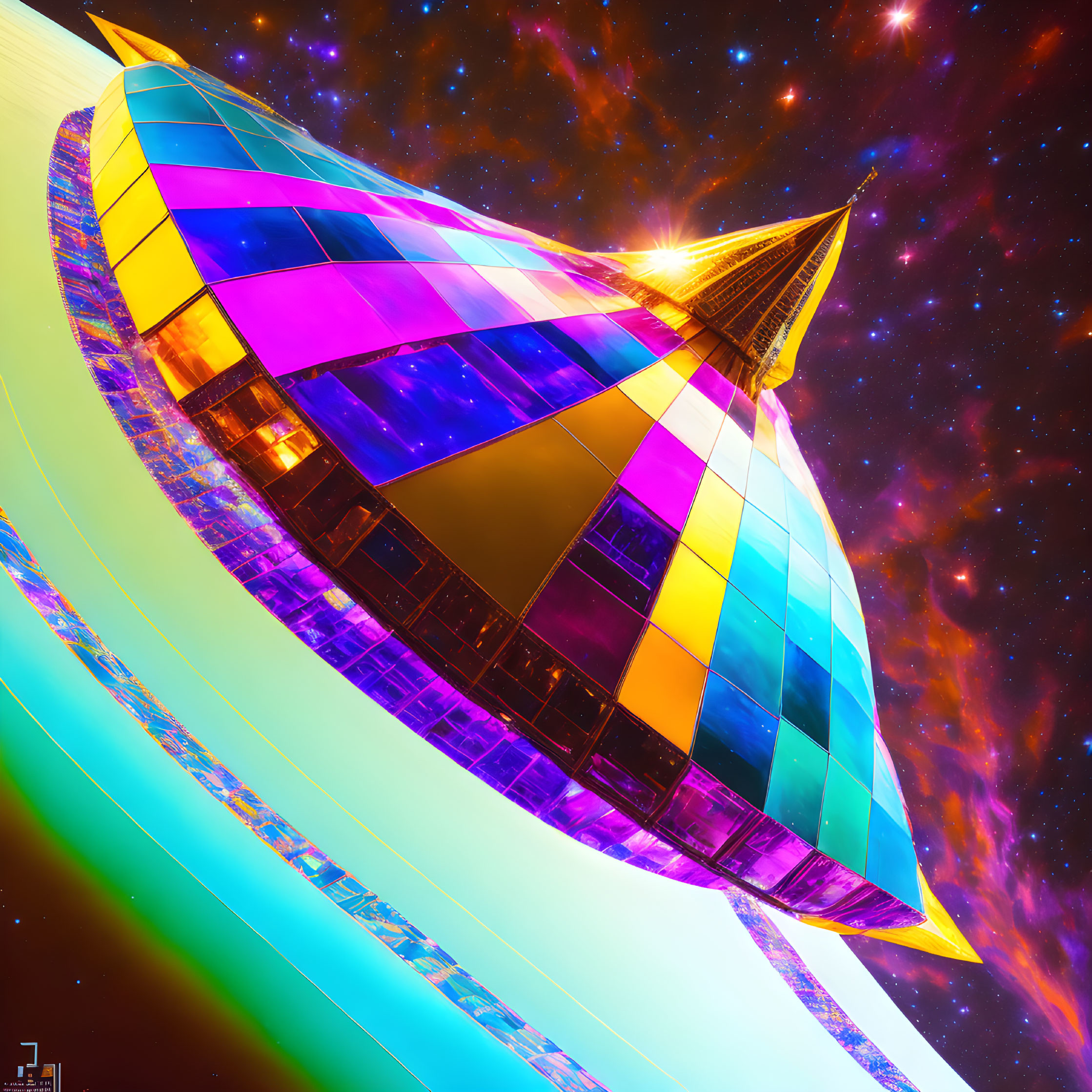 Colorful Geometric Shapes Create Futuristic Blimp in Cosmic Setting