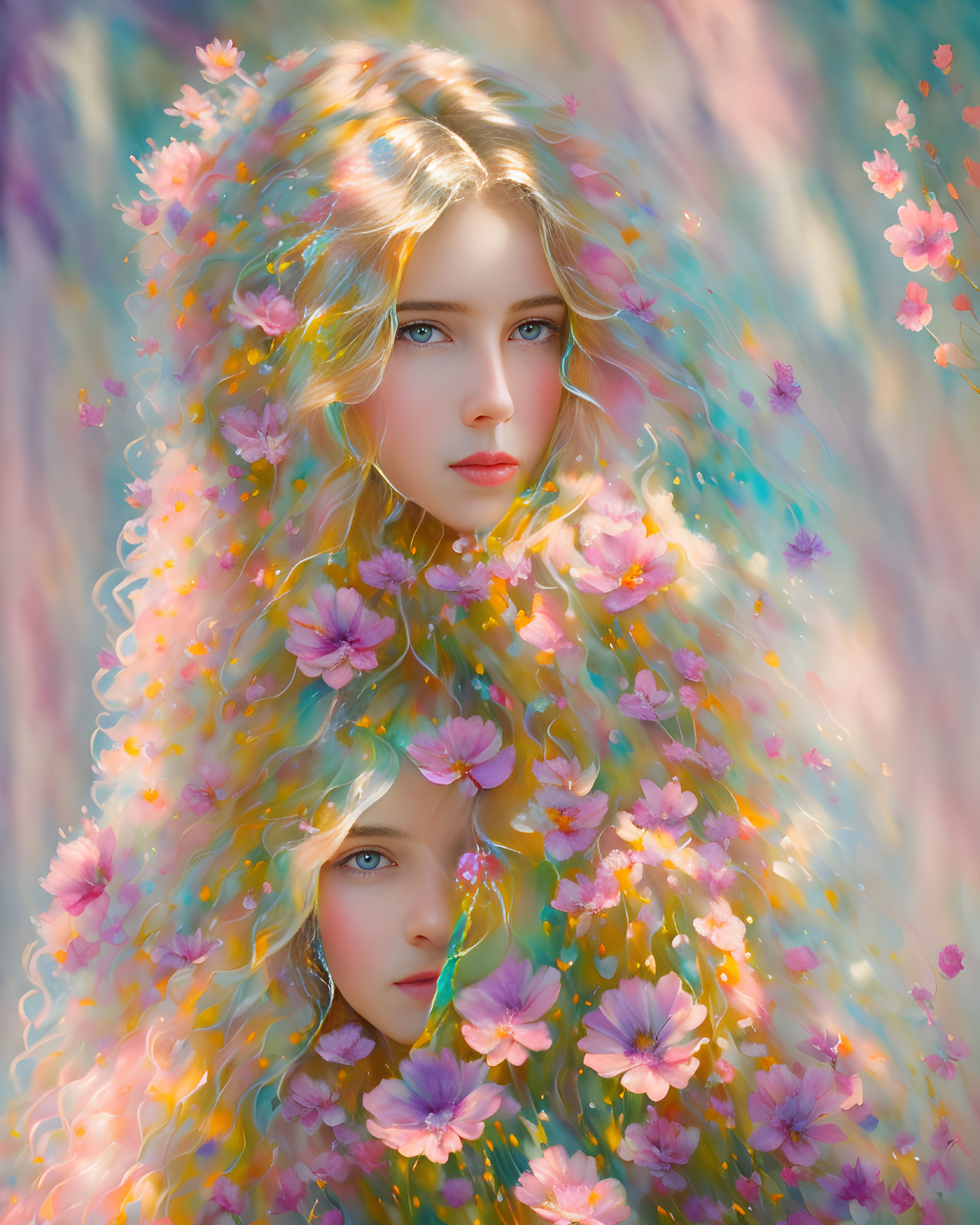 Vivid floral hair digital painting of two women