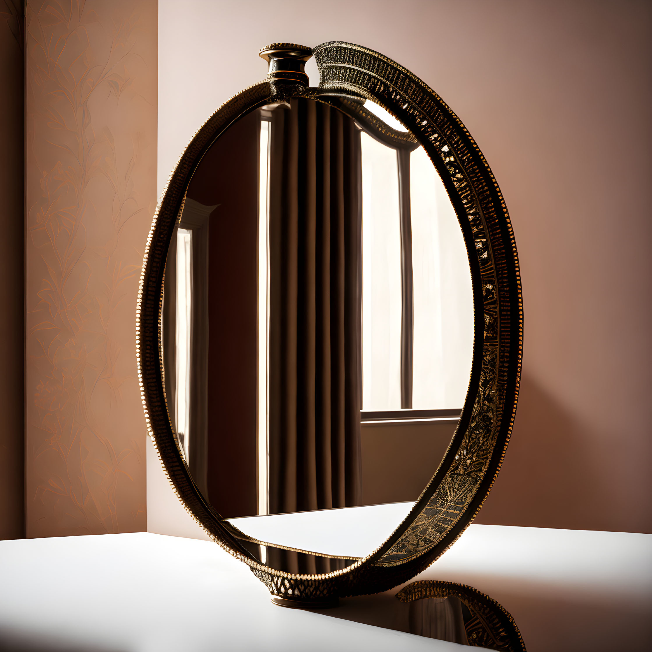 Circular decorative mirror with intricate frame reflecting striped pillar near window with soft lighting on beige background