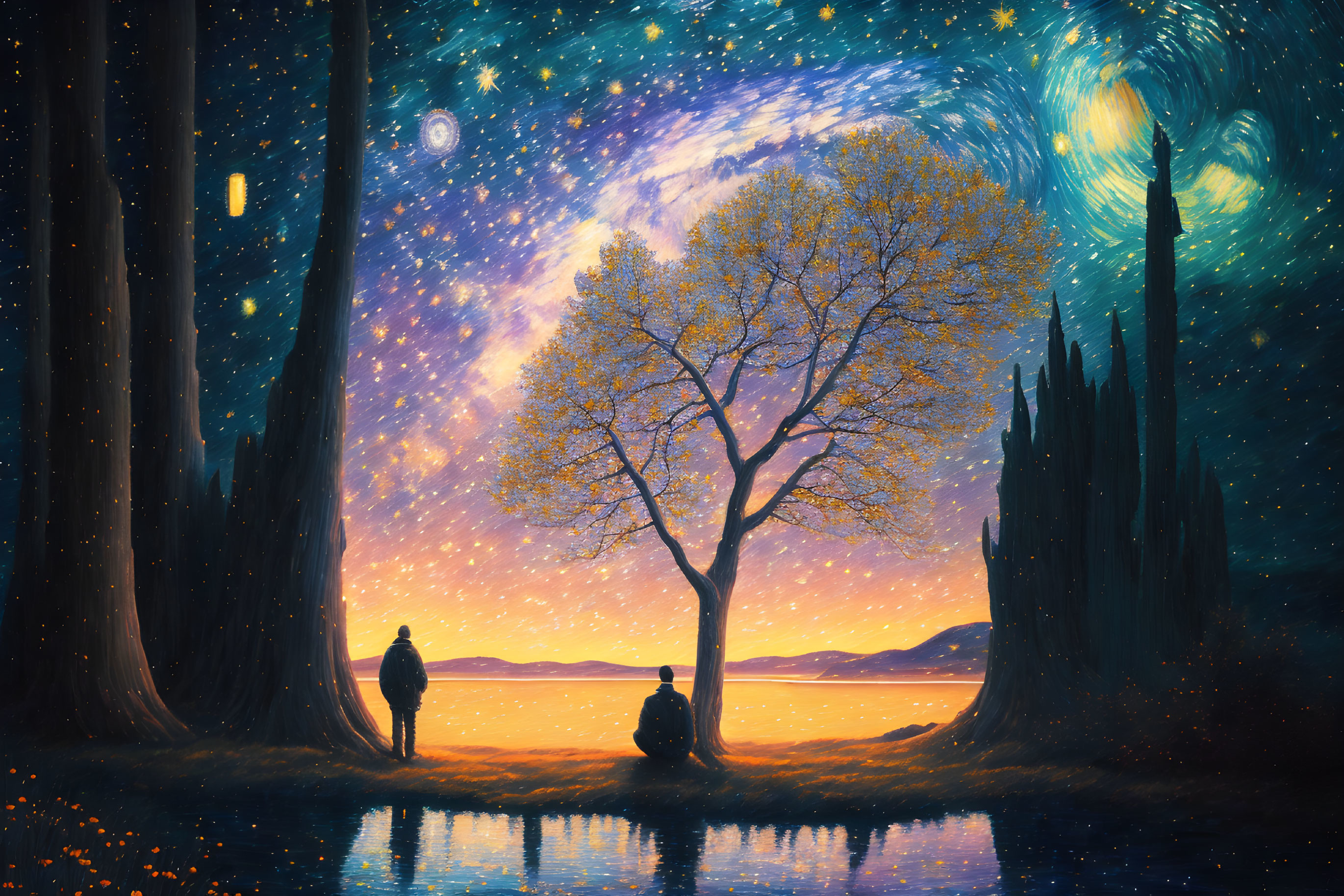 Night landscape: two people by lake under starry sky with galaxies and aurora