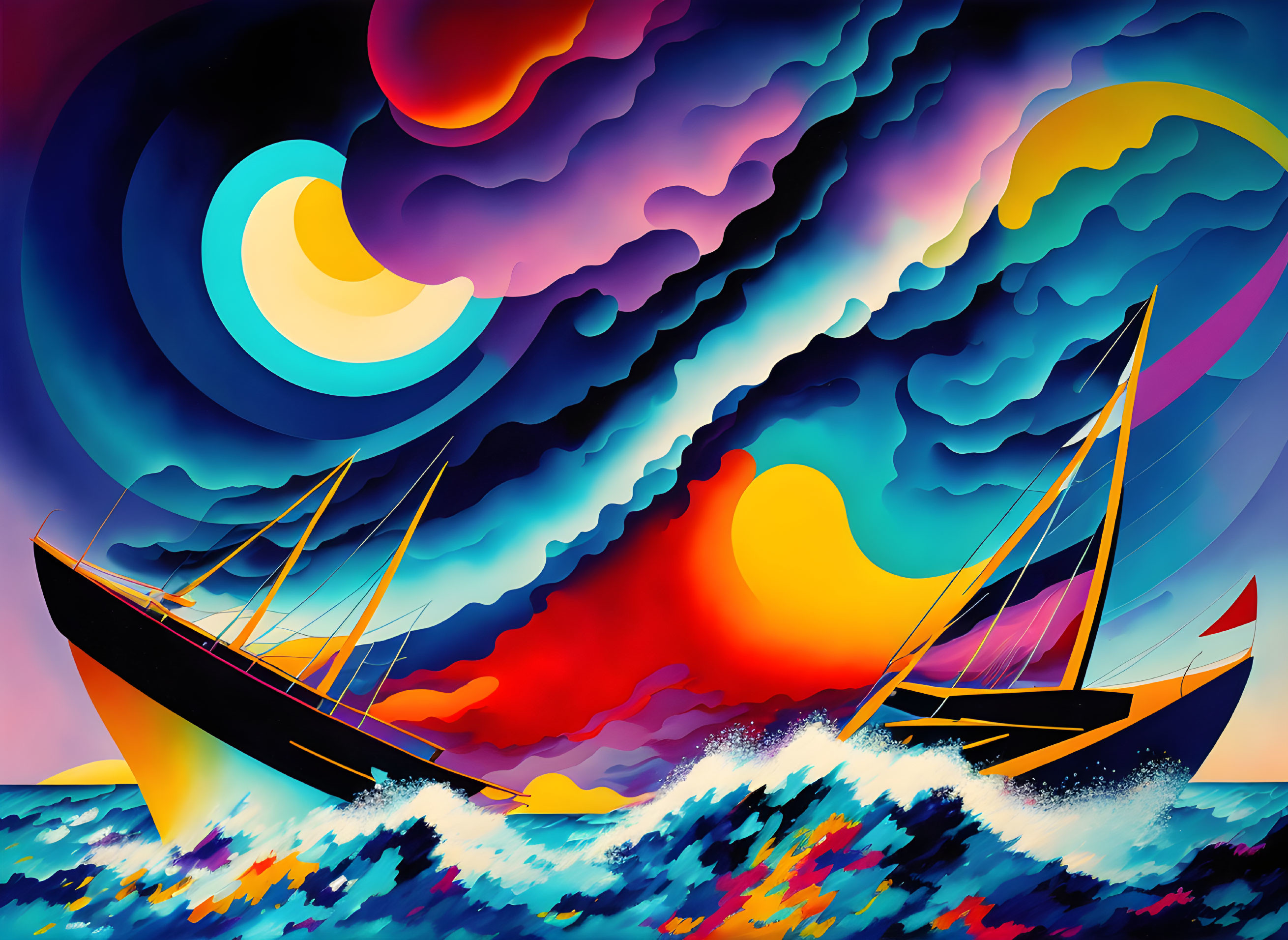 Colorful surreal ship at sea with multicolored waves and celestial sky