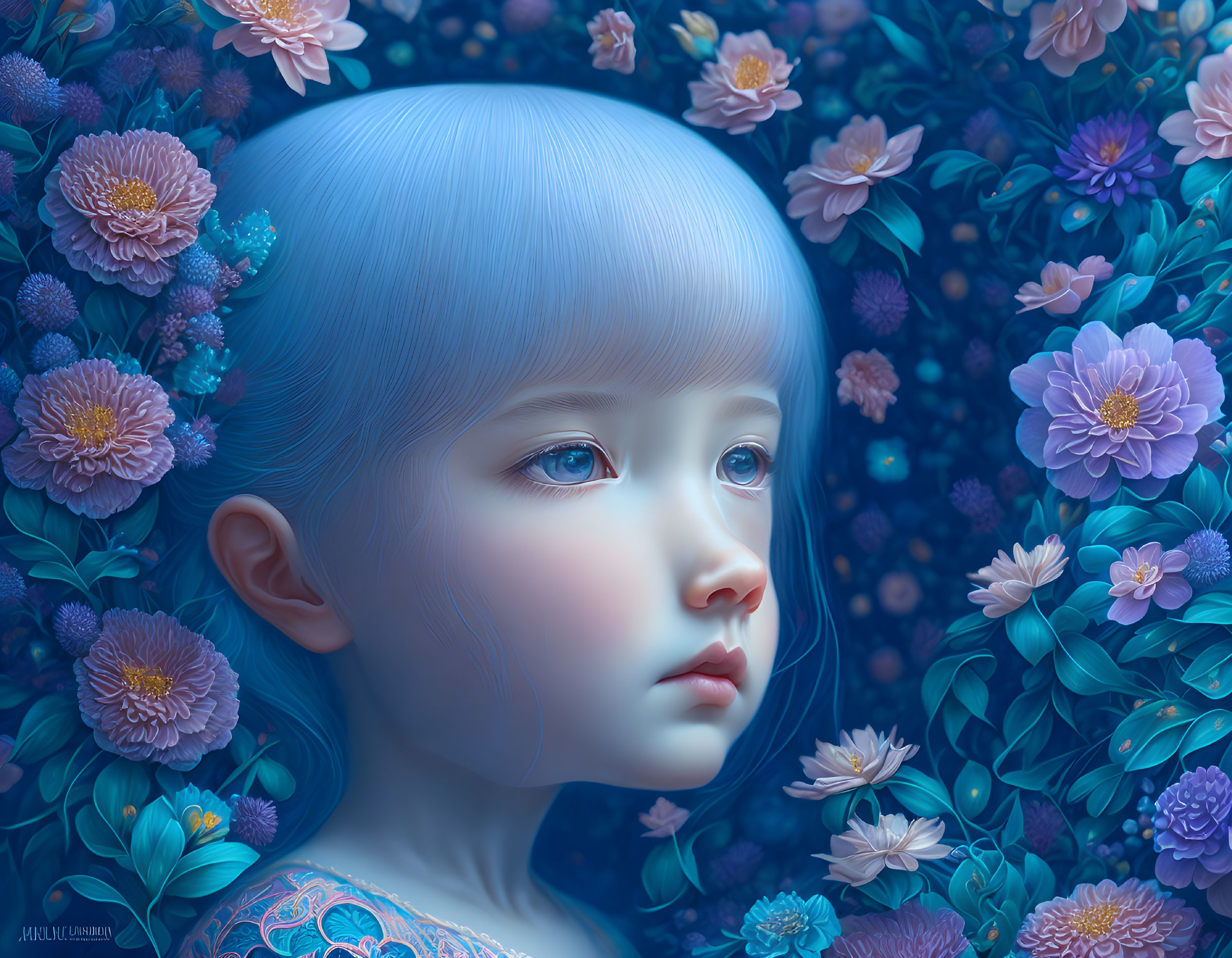 Young girl with blue hair among vibrant flowers