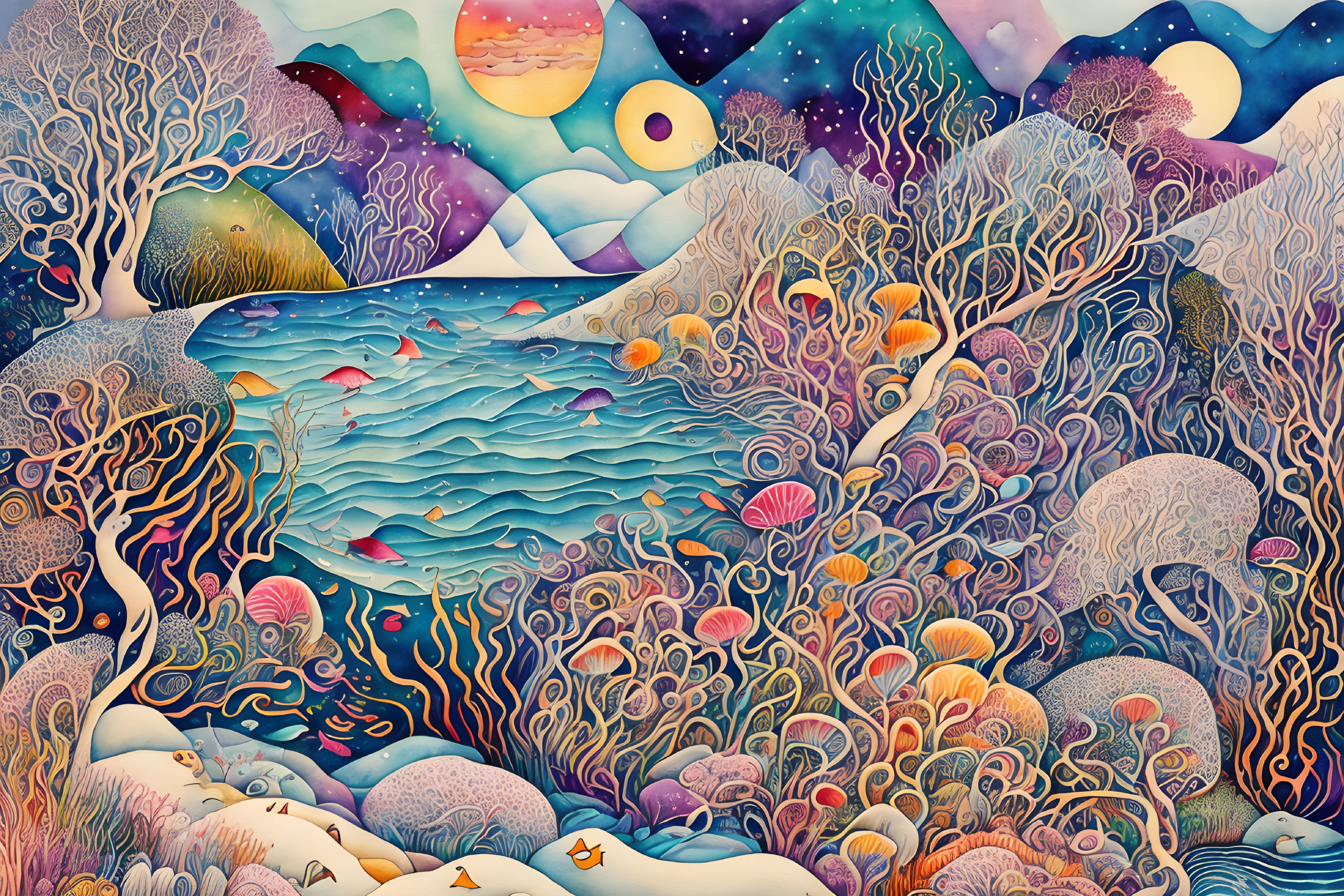 Colorful surreal underwater scene with marine life and moons