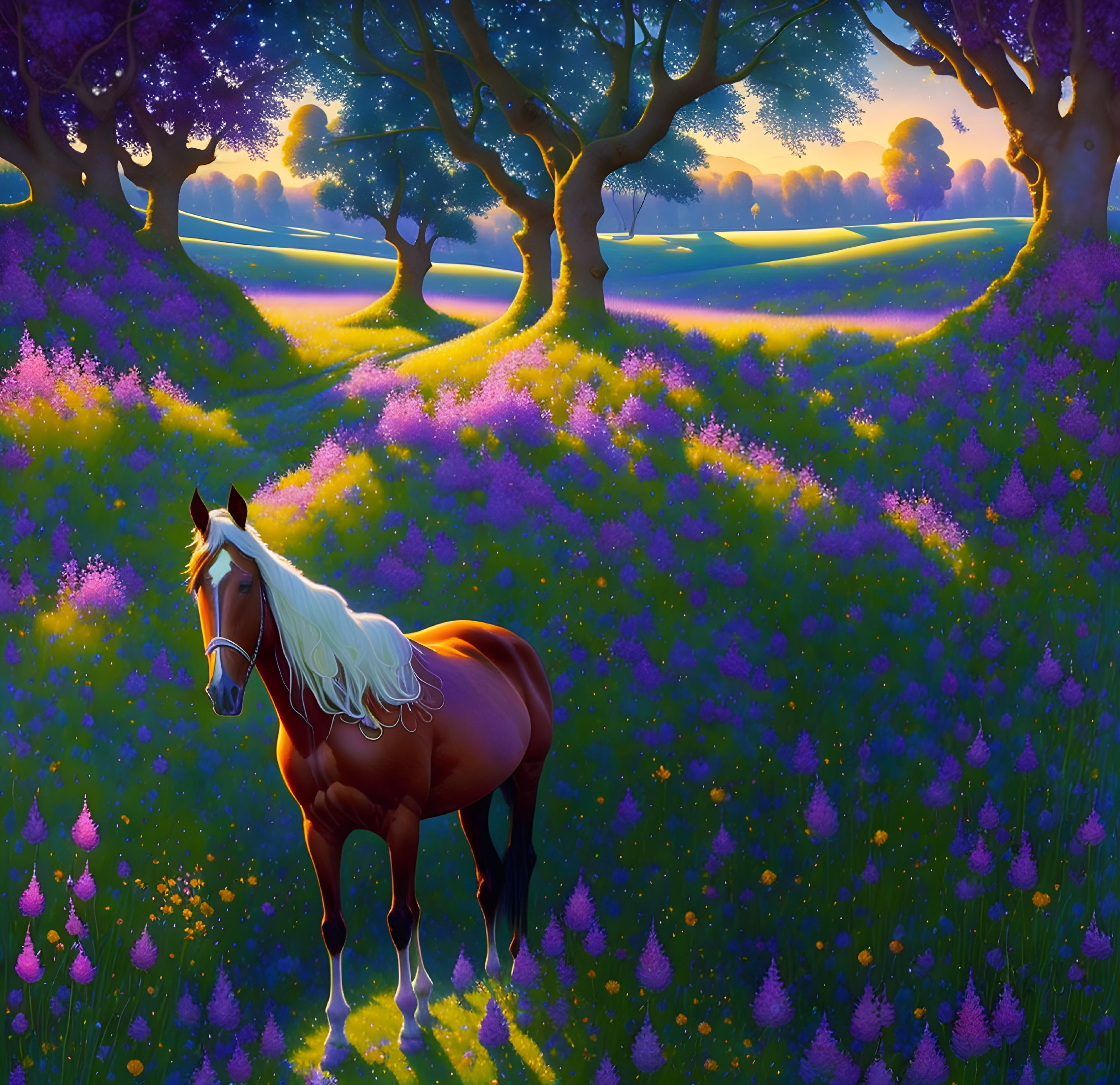 Brown horse with white mane in purple flower field at twilight