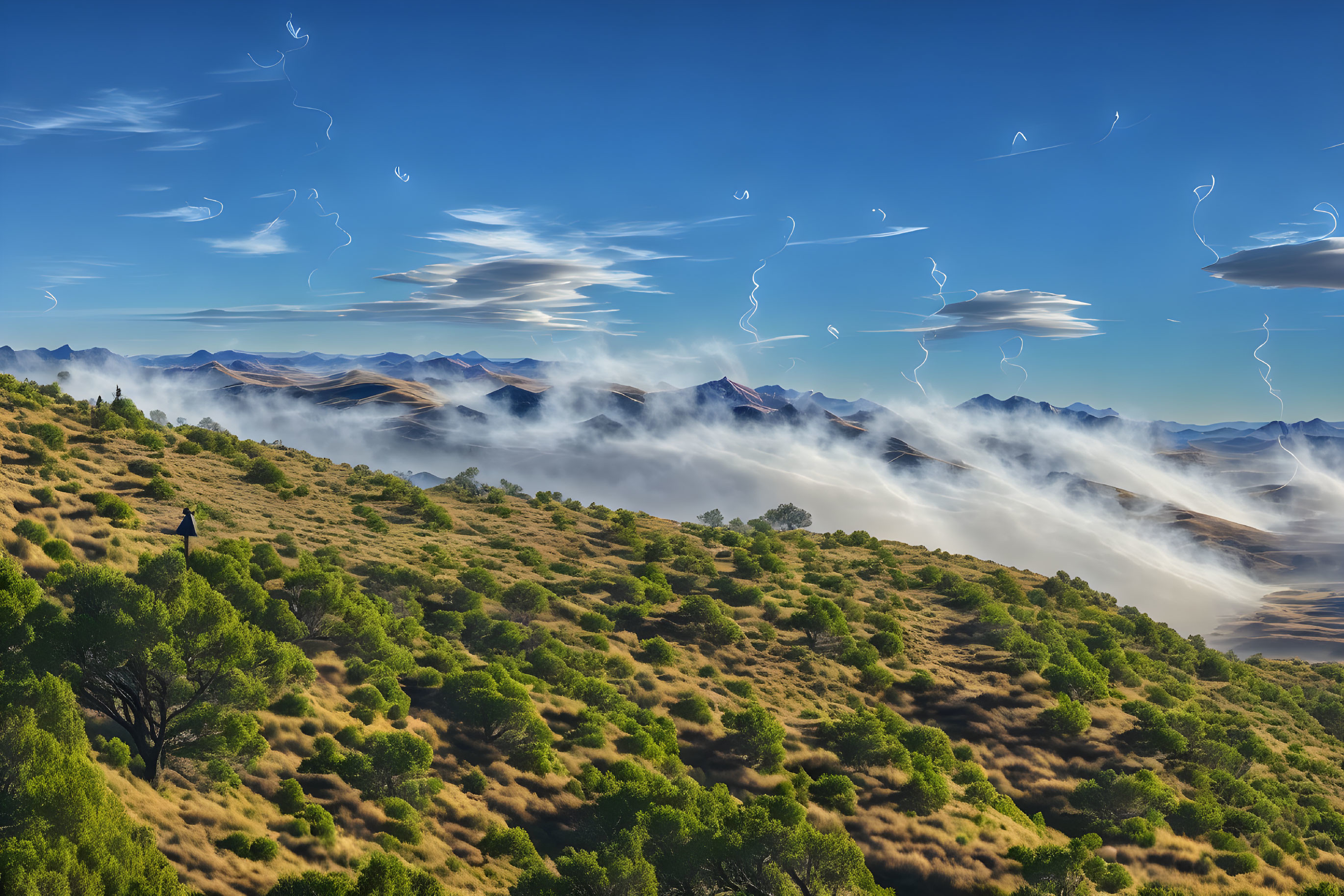 Panoramic landscape: Rolling hills, green vegetation, blue sky, fog, distant mountains.