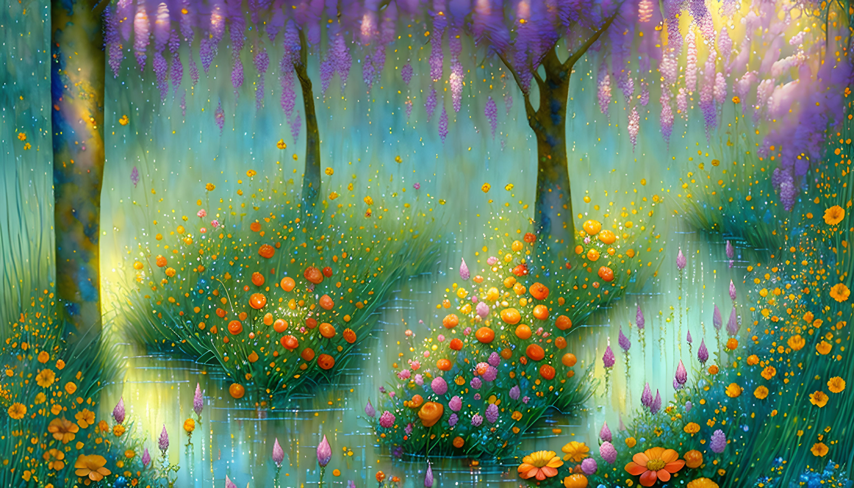 Vibrant, colorful forest with diverse flowers in a magical setting