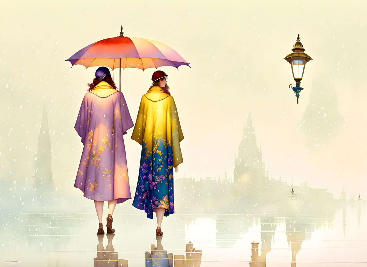 Colorful floral coats: Two people sharing umbrella on rainy day