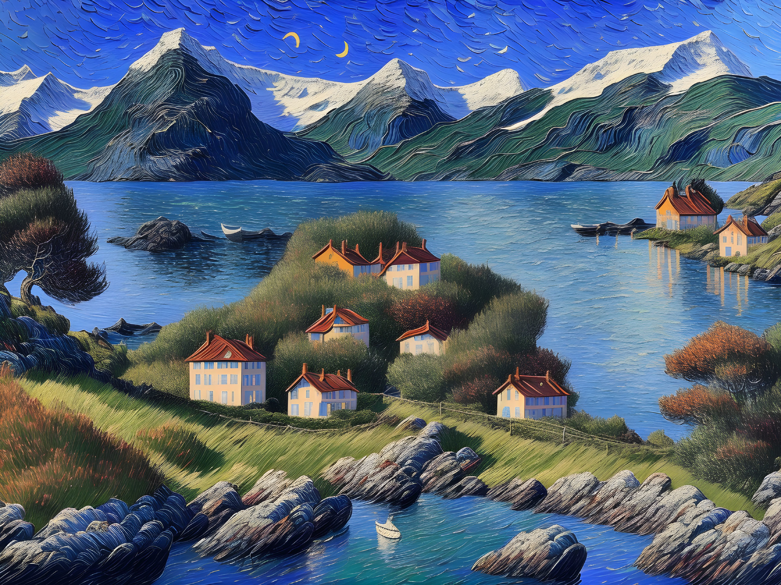 Scenic coastal village painting with orange-roofed houses, bay, and mountains