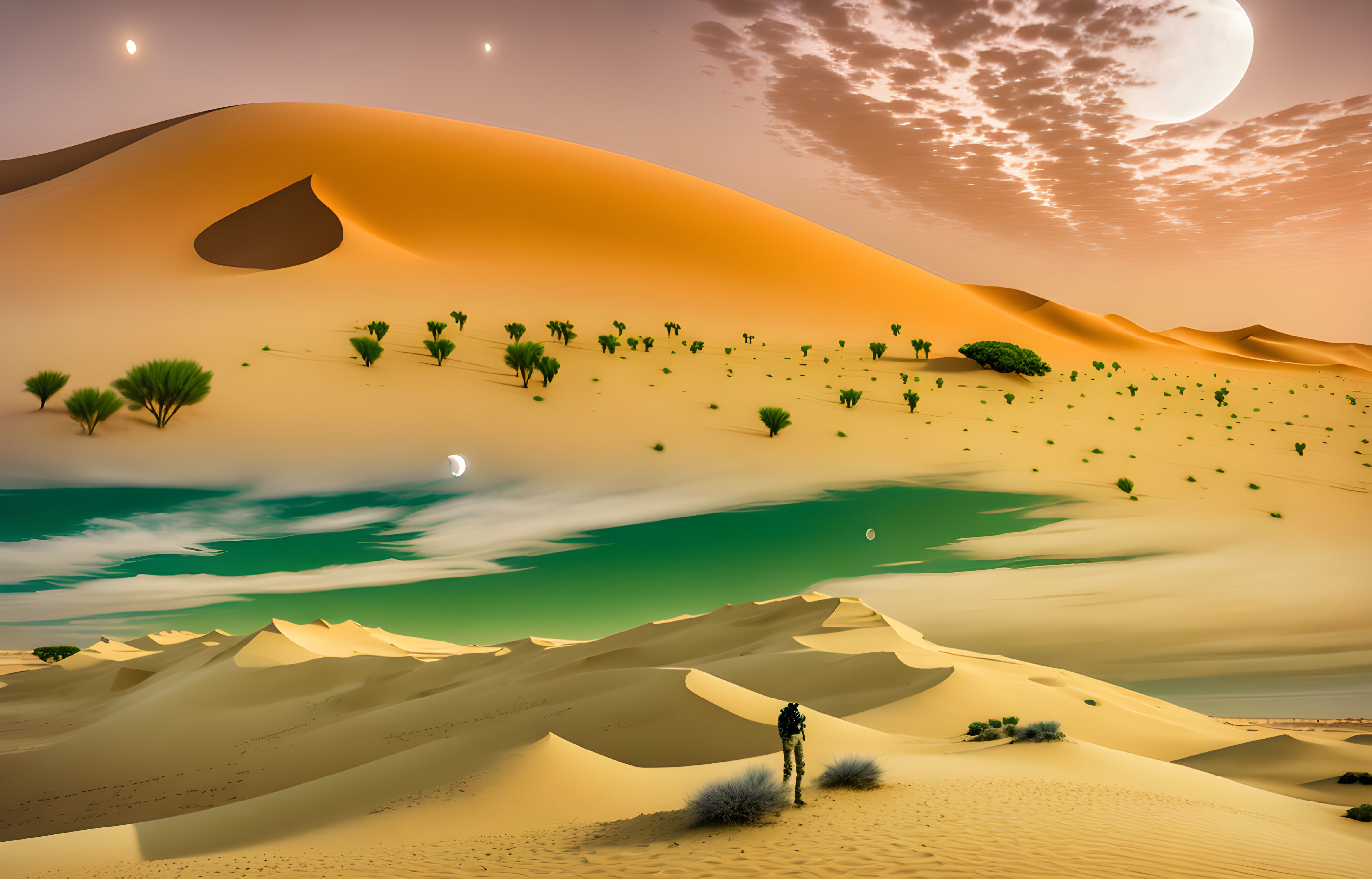 Surreal desert landscape with sand dunes, greenery, and moons