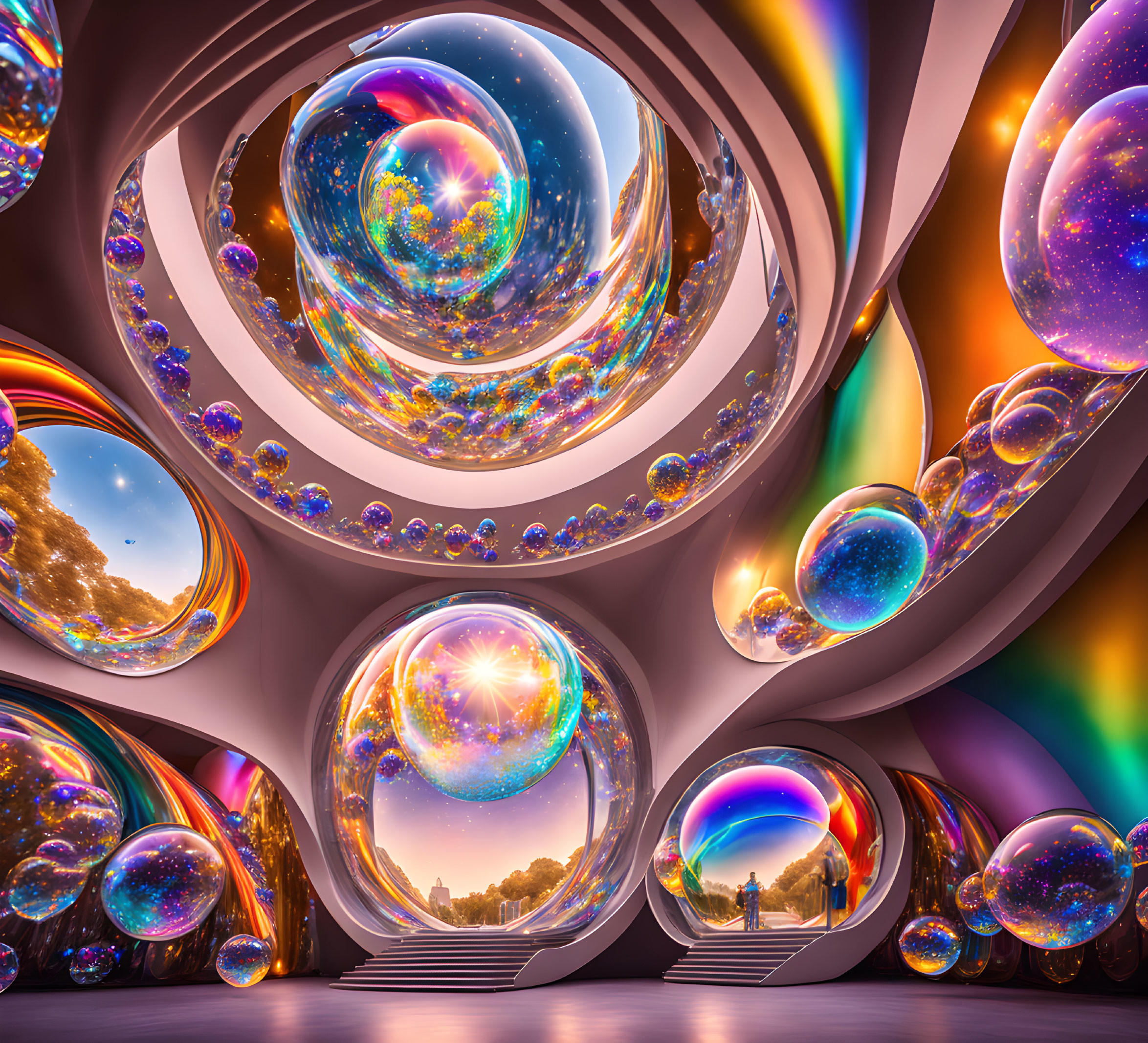 Colorful Abstract Digital Art: Surreal Interior with Reflective Bubbles & Curving Structures