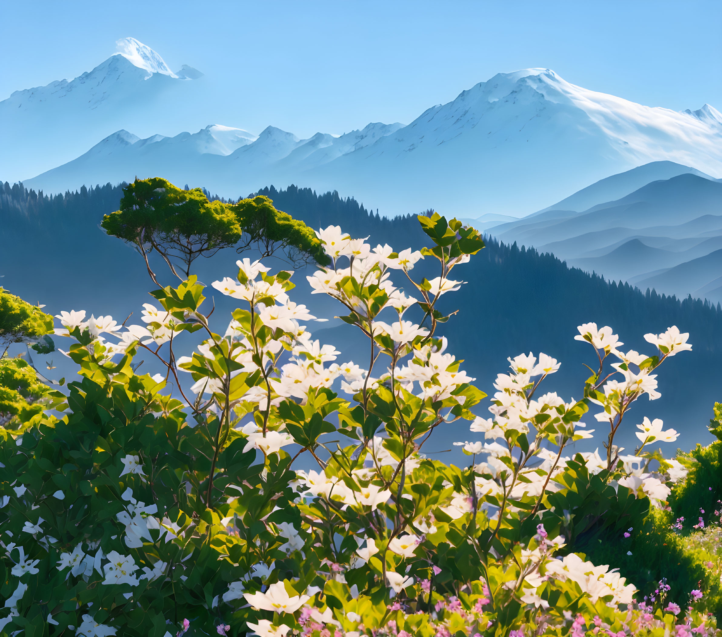 Scenic white wildflowers with snow-capped mountains