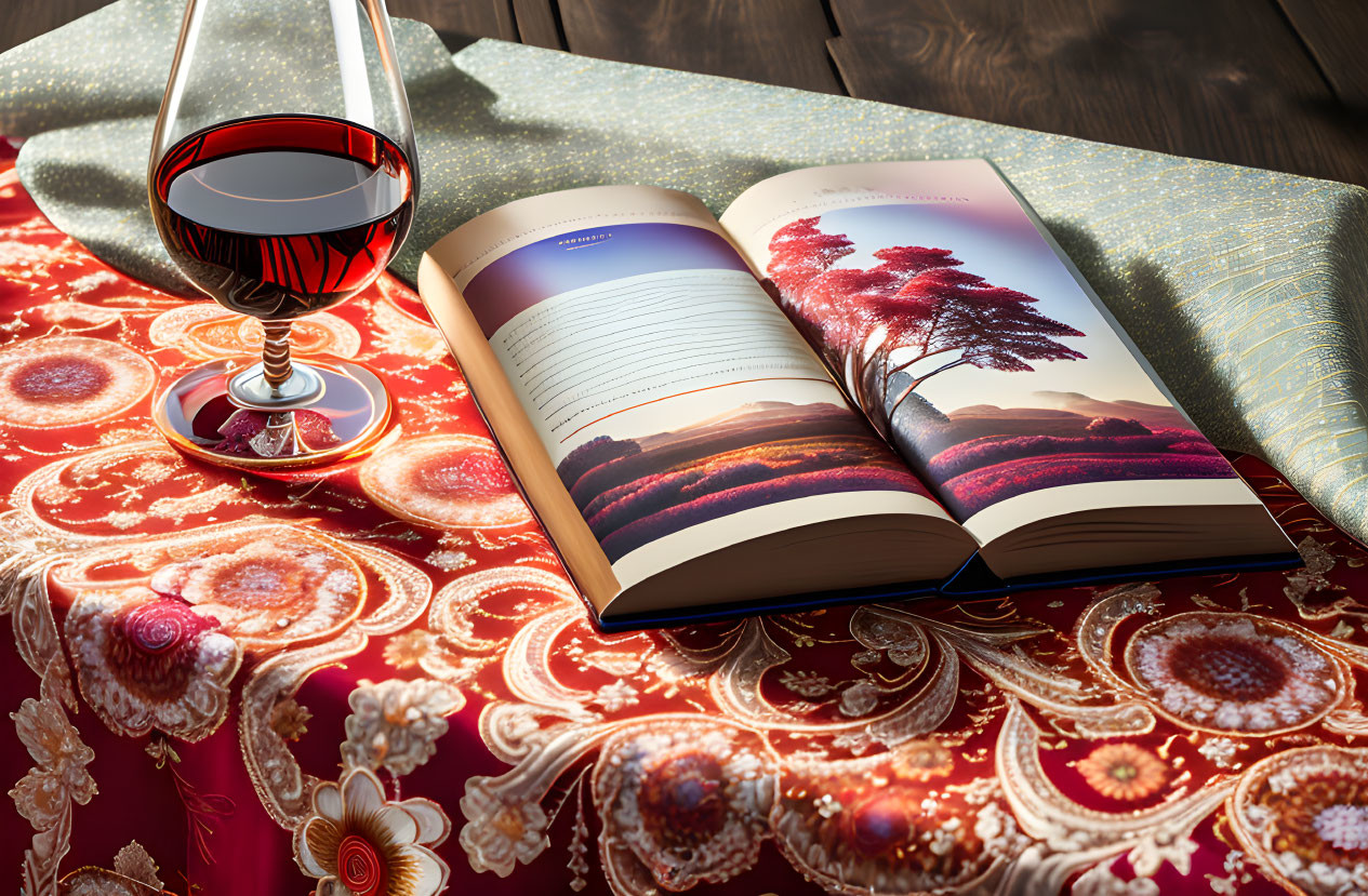 Open book on scenic landscape with red wine and sunlight reflections