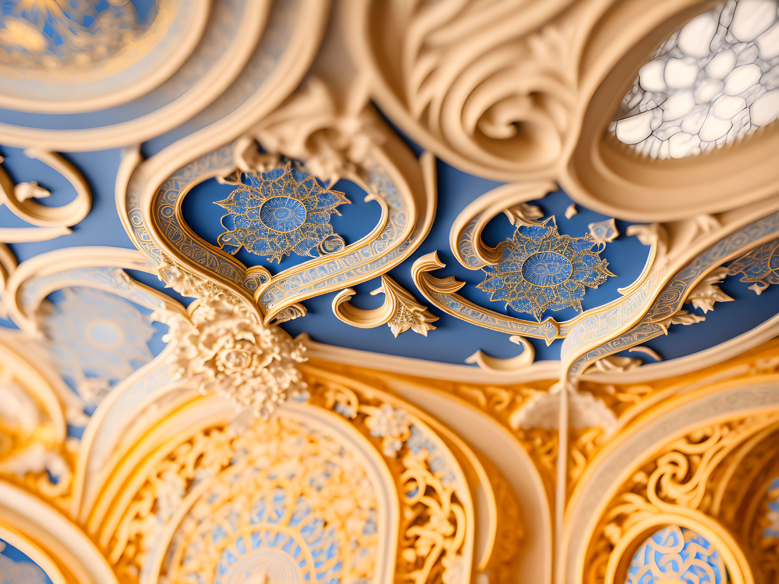 Elaborate Gold and Blue Ceiling with Intricate Stucco Designs