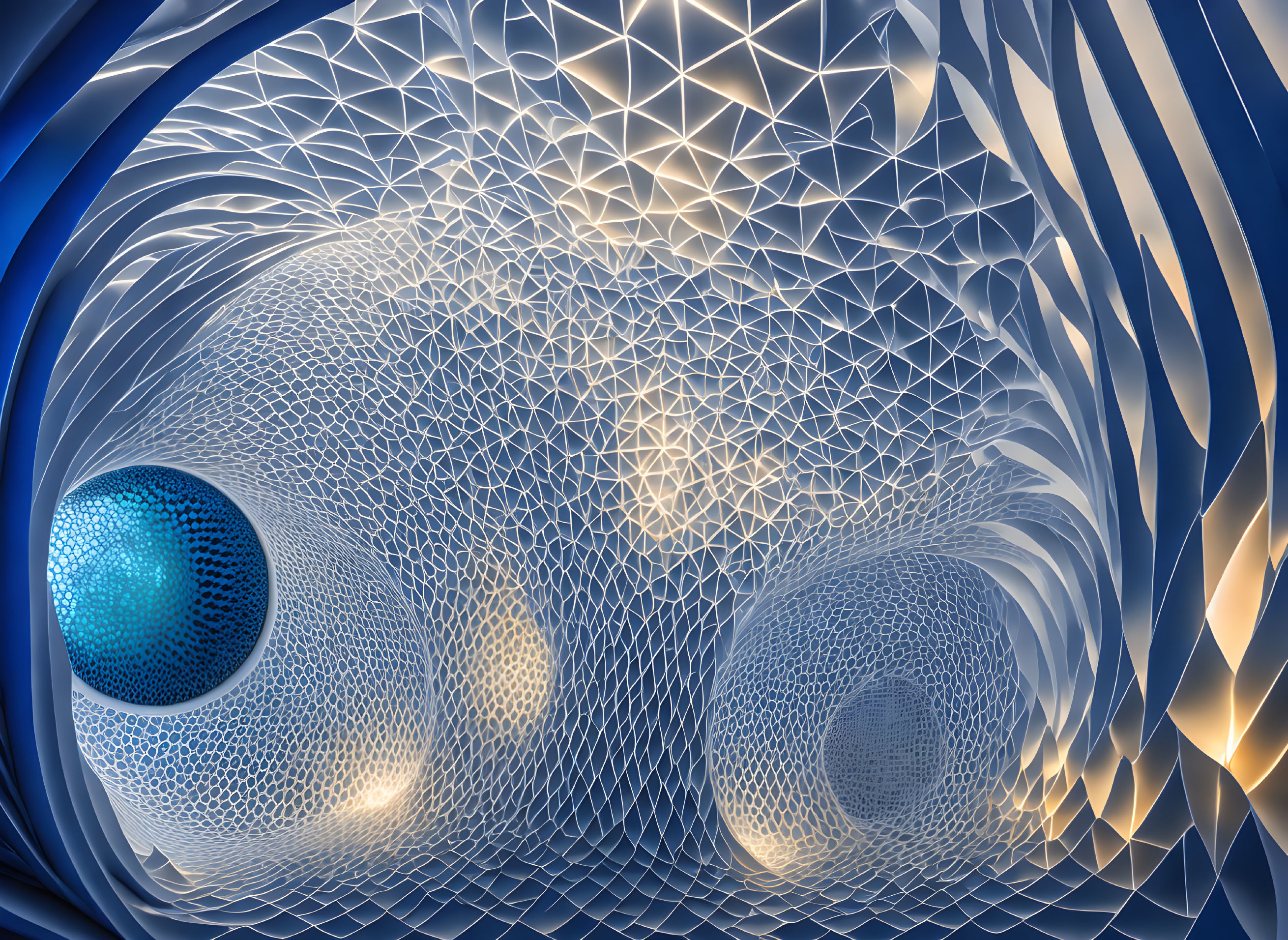 Swirling mesh patterns and blue orb in abstract digital art