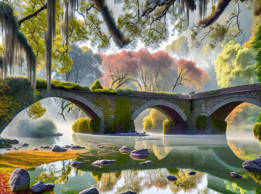 Tranquil stone bridge over lush pond with willow trees reflecting.