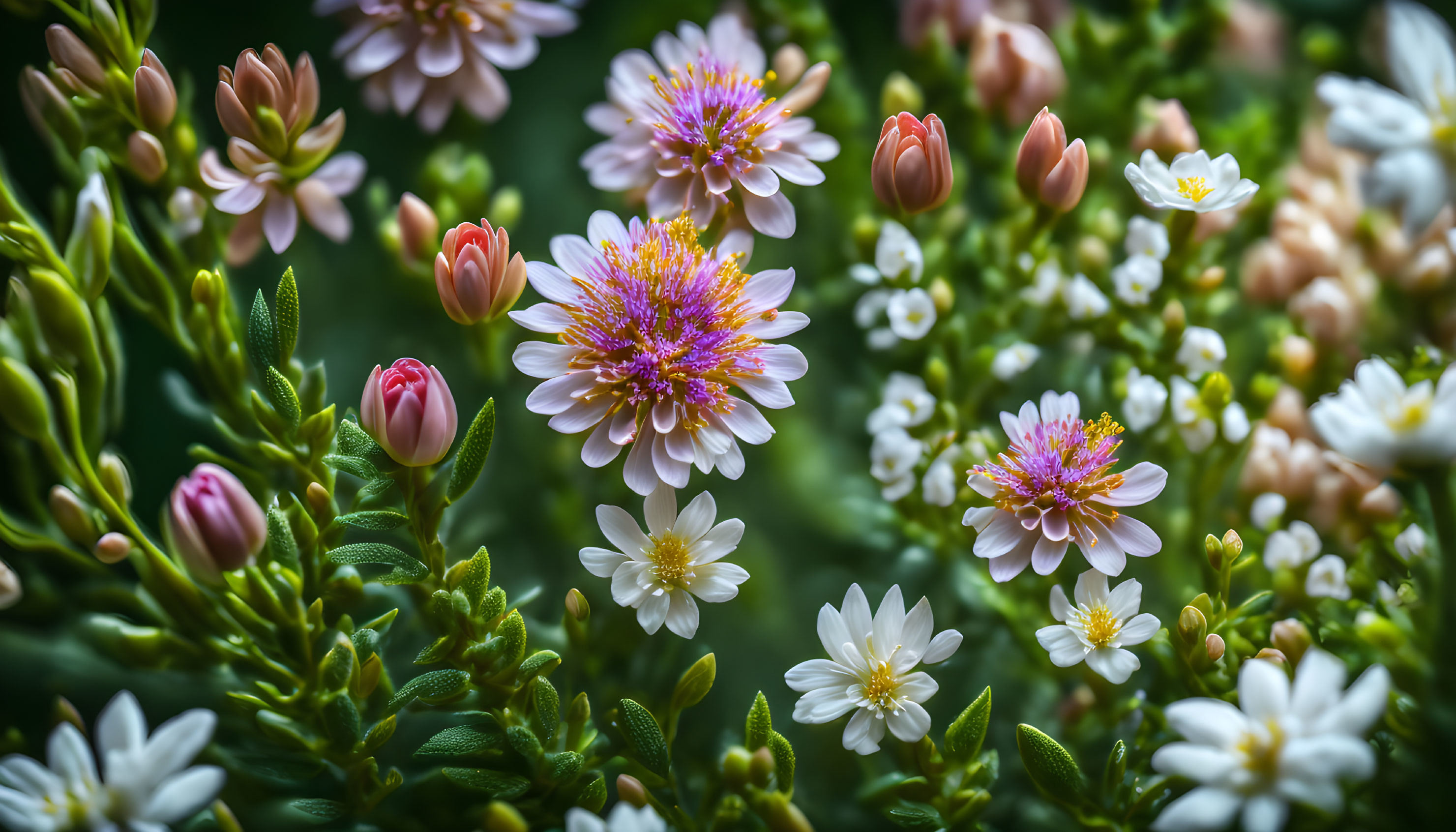 Pink and White Flowers in Full Bloom with Lush Green Foliage