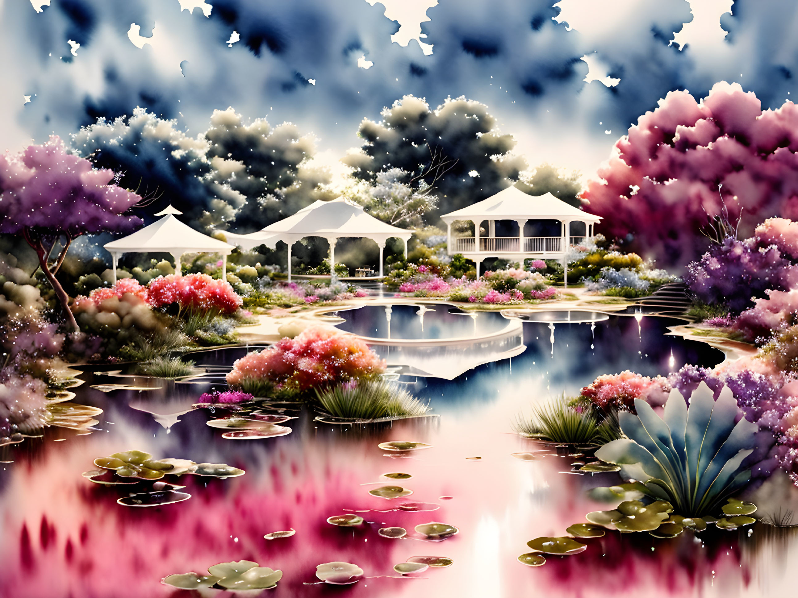 Colorful Trees and Lily Pond Scene with Event Tents in Background