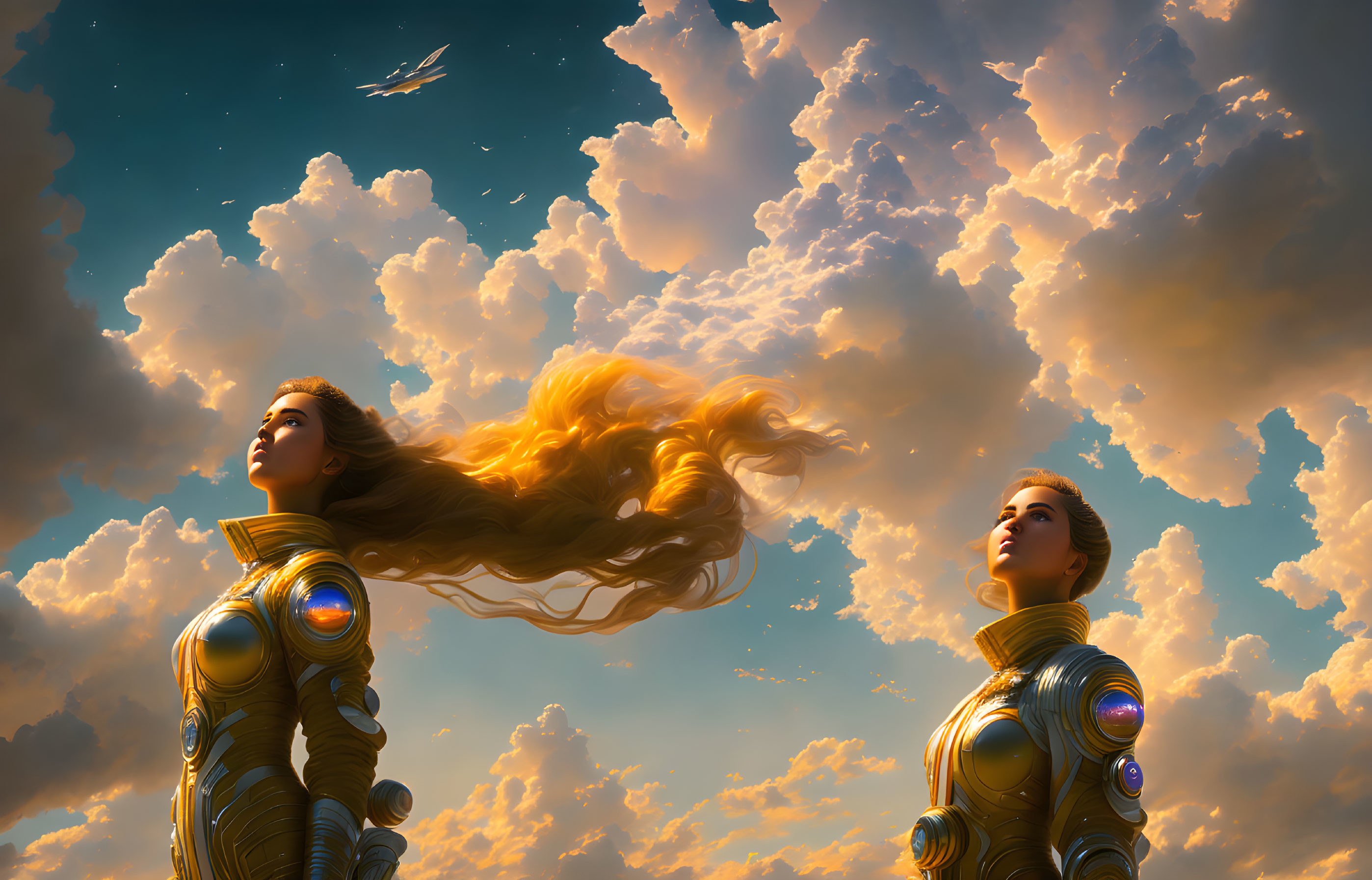 Two women in futuristic armor under dramatic cloudy skies and spacecraft.