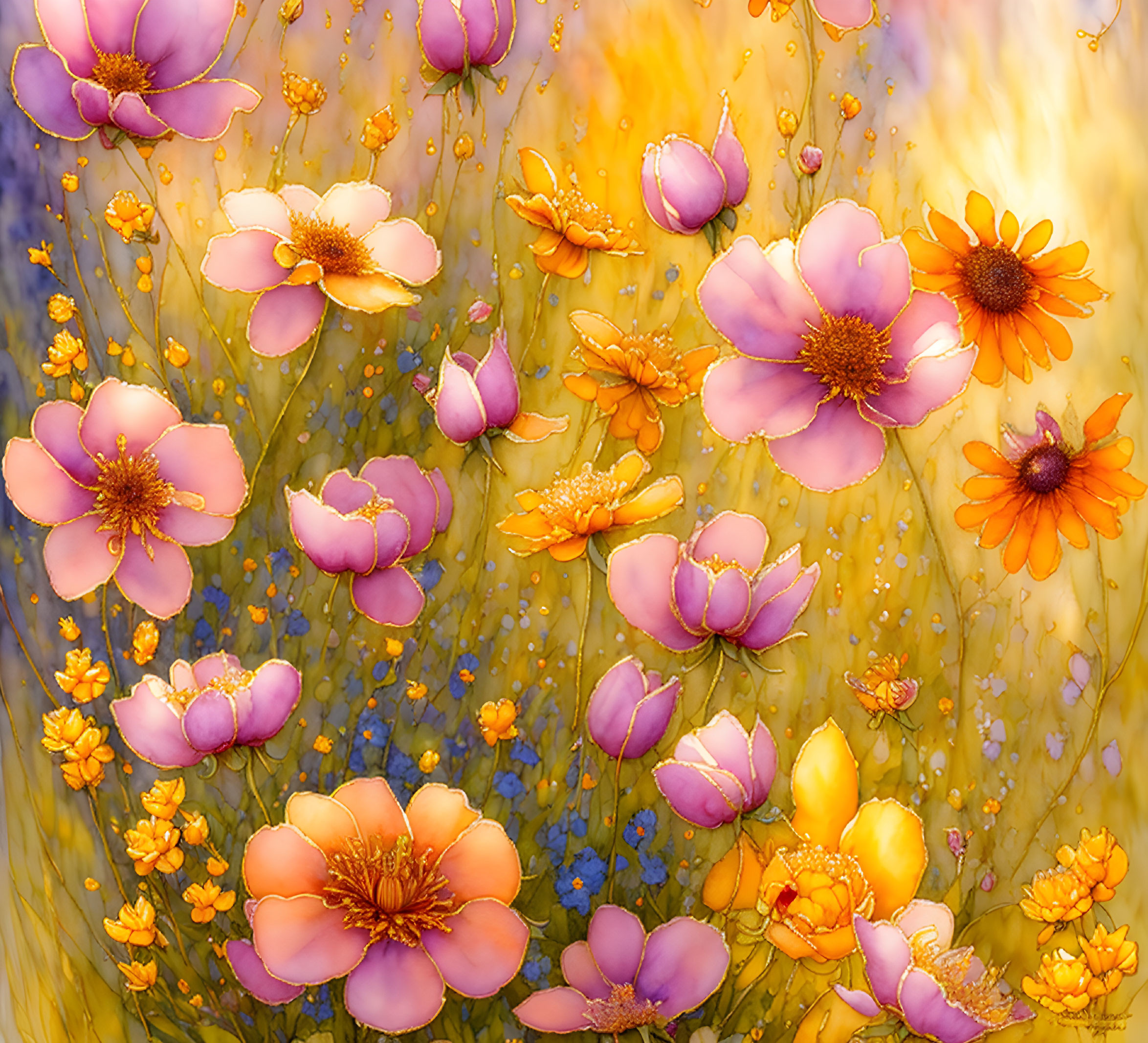 Colorful digital flowers on dreamy background with brushstrokes