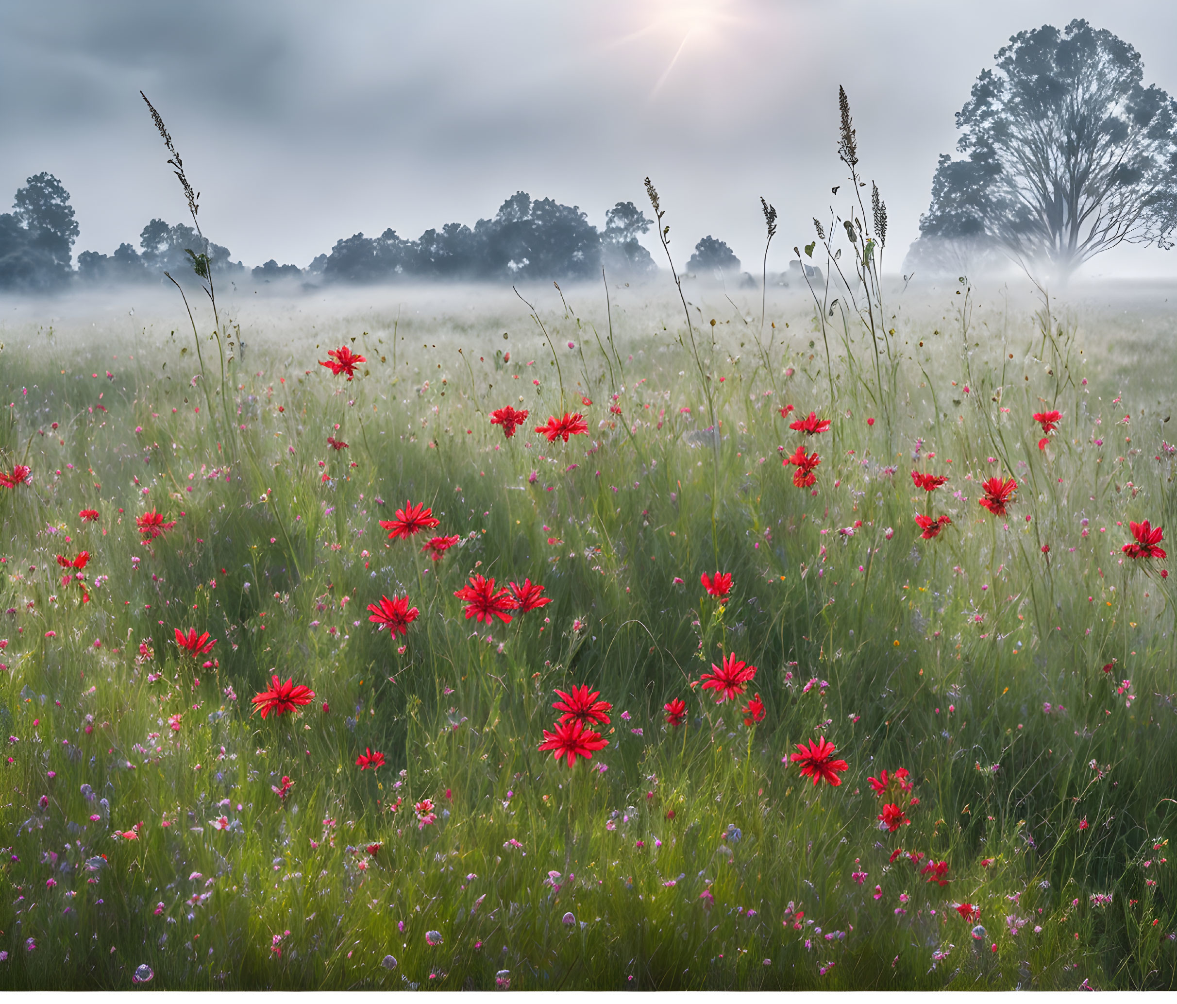 Tranquil meadow with red flowers, green grass, and lone tree