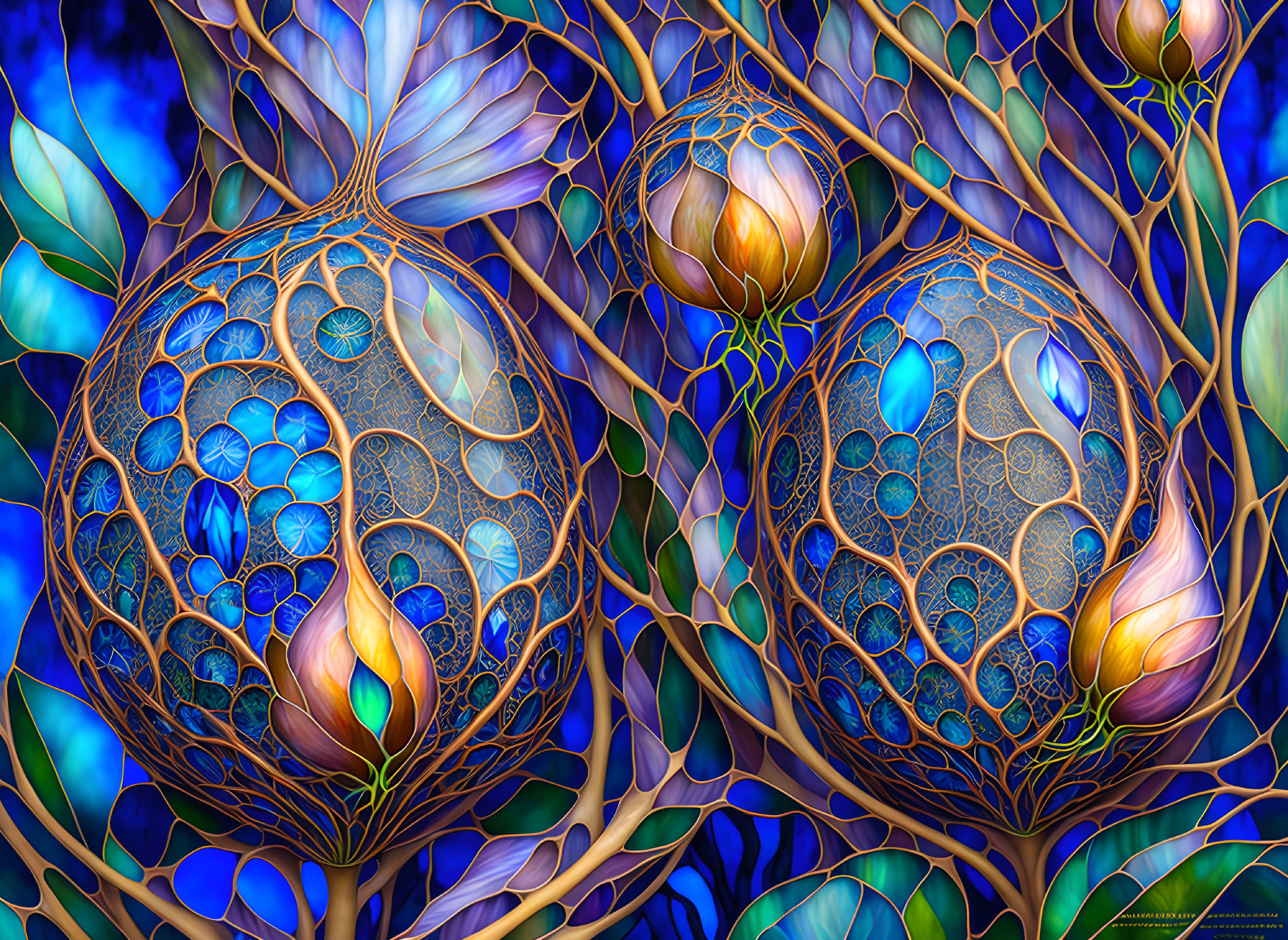 Abstract Digital Artwork: Organic Shapes in Blues, Purples, and Gold