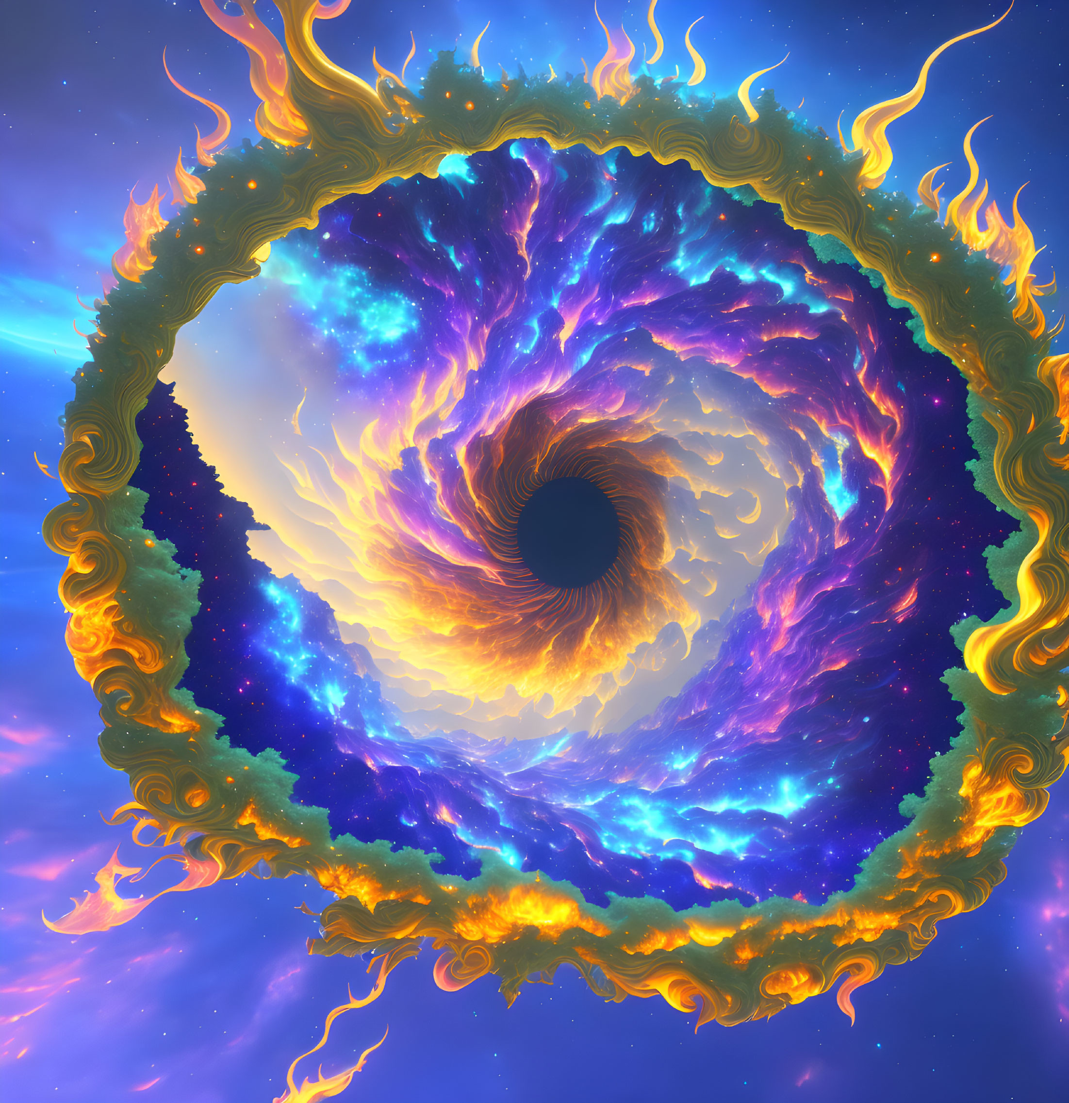 Colorful cosmic portal with fiery edges and swirling blues and purples