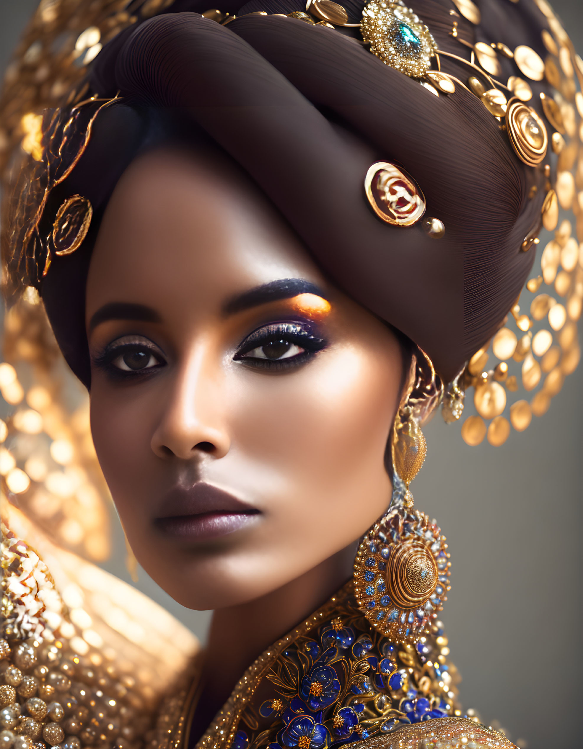 Elaborate Gold Headwear and Jewelry with Colorful Makeup