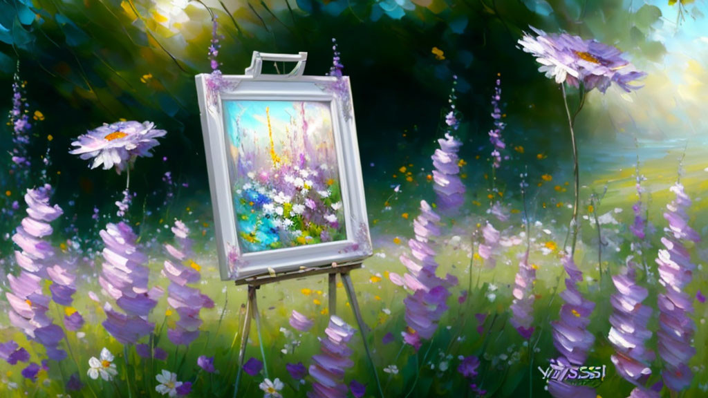 Colorful Flowers Canvas on Easel in Sunlit Meadow