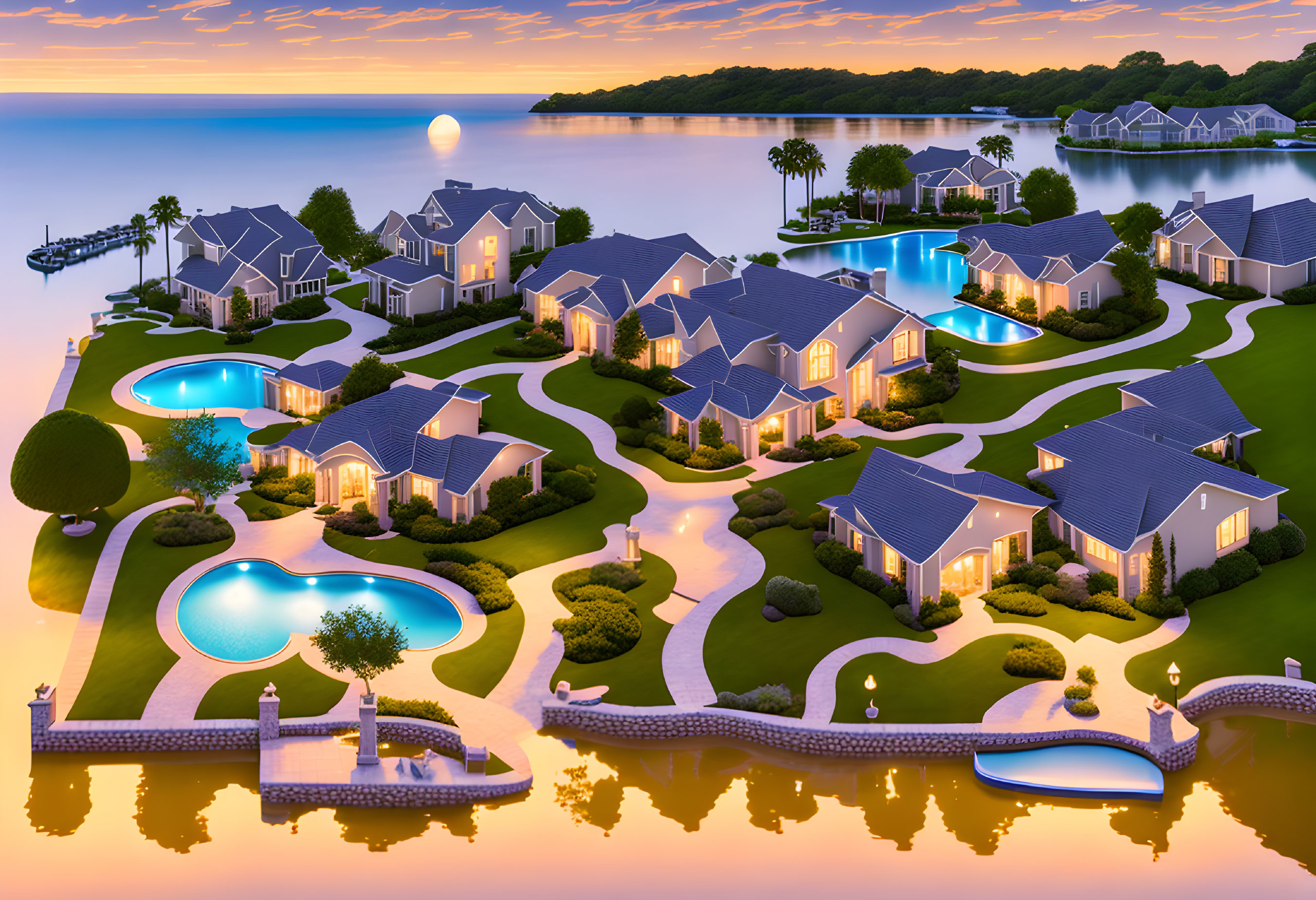 Sunset view of upscale suburban waterfront neighborhood