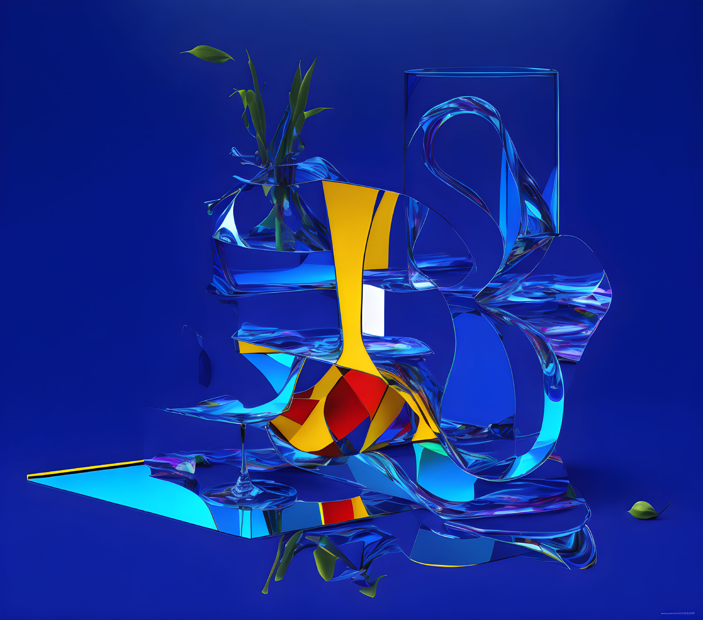 Colorful Abstract Art: Transparent Twisted Structure with Blue, Yellow, and Red Hues on Blue