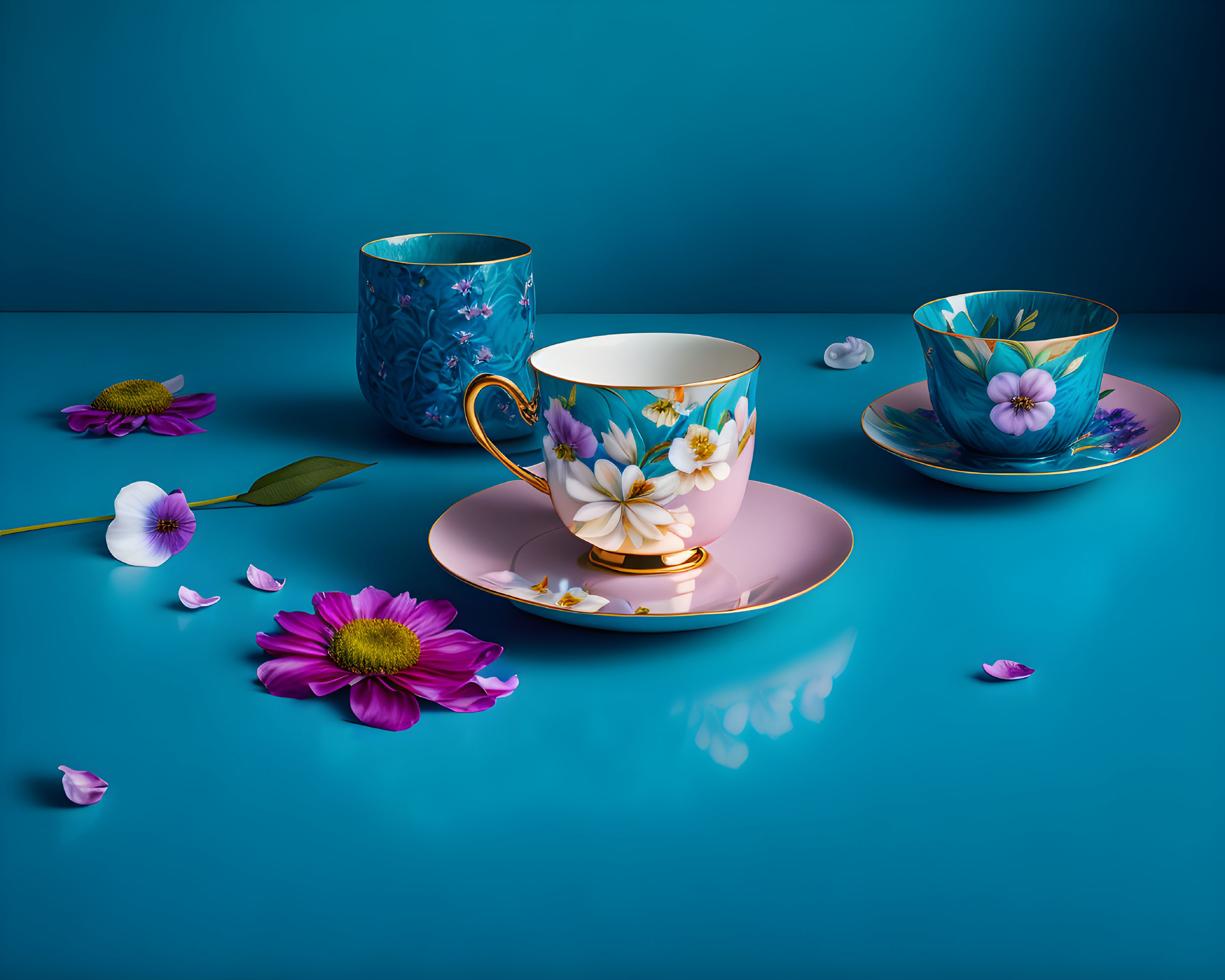 Floral pattern teacups on reflective turquoise surface with scattered petals.