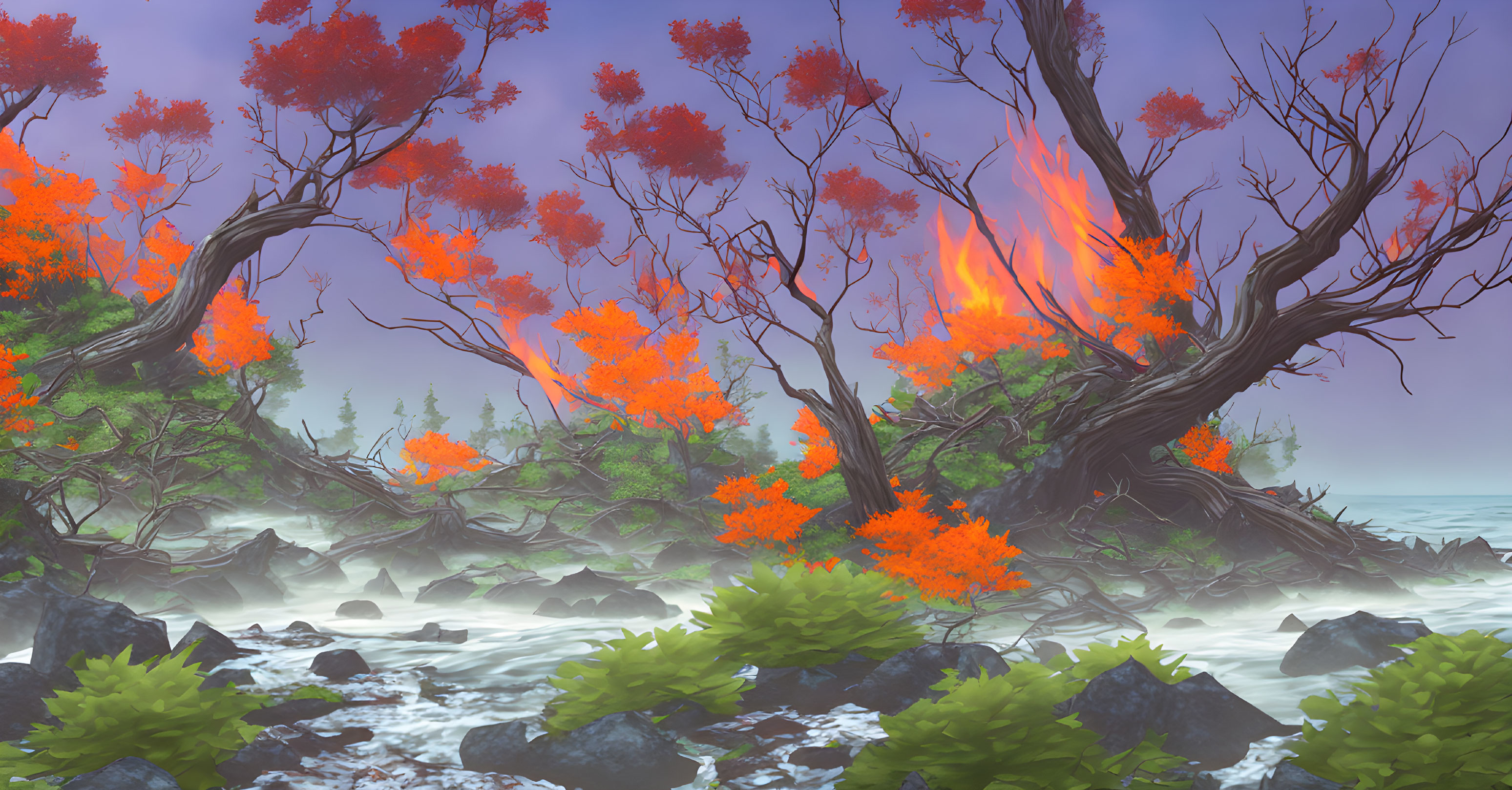 Misty sea shoreline with fiery trees on rocky terrain