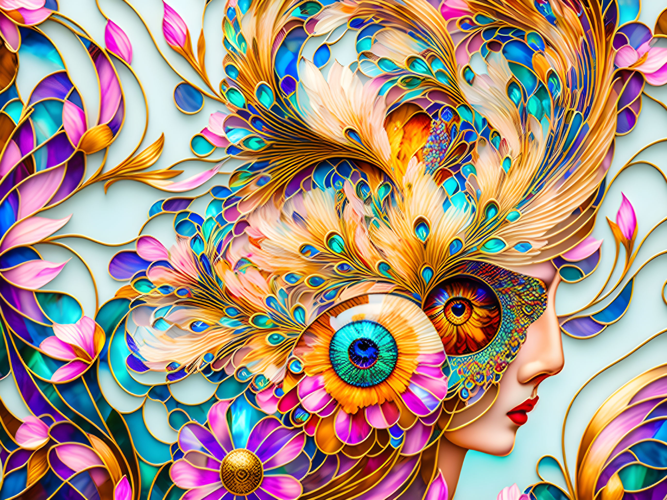 Colorful digital art: Woman with peacock feather mask and floral patterns.