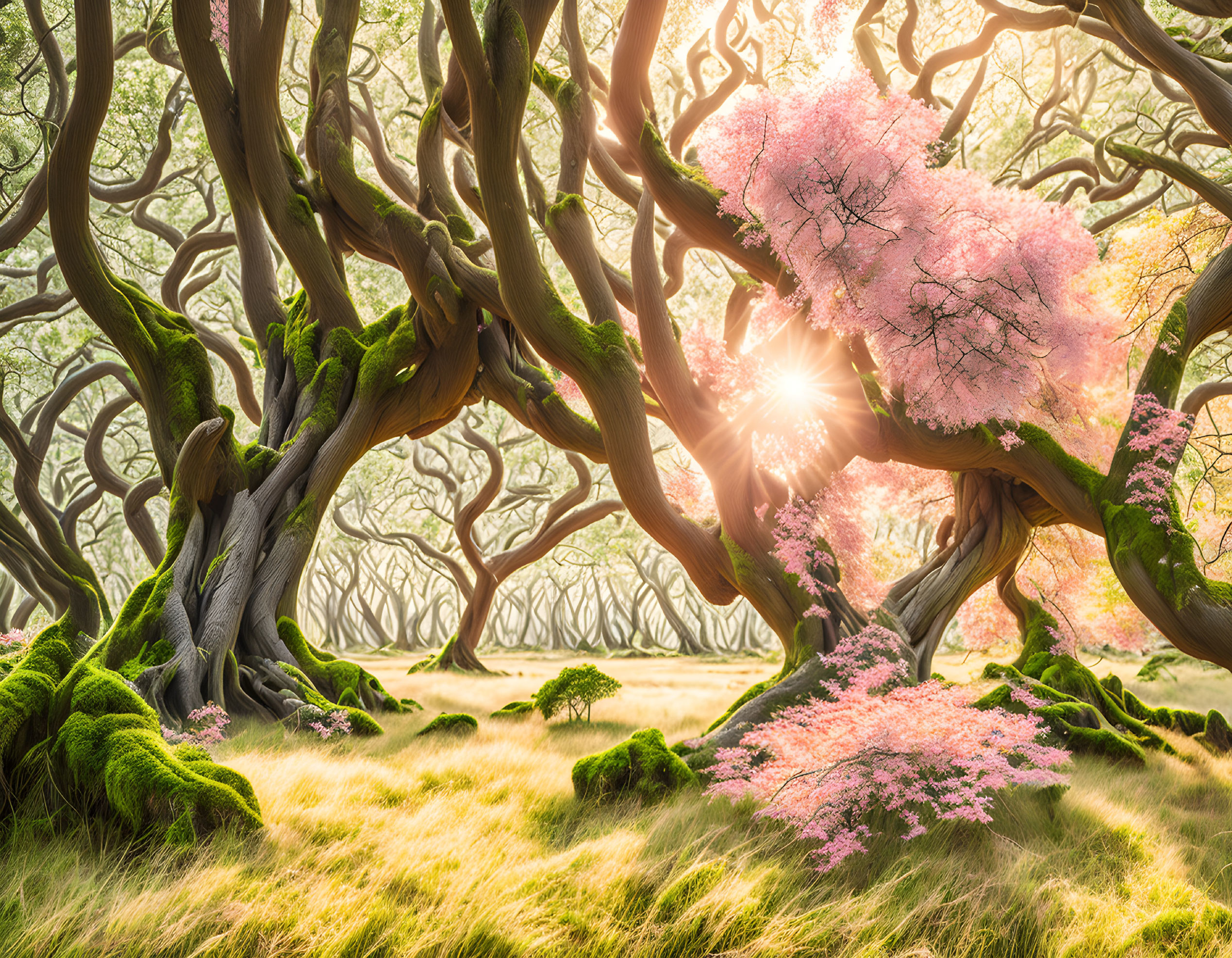 Lush forest landscape with twisted trees, vibrant moss, pink blossoms, and sunlight.