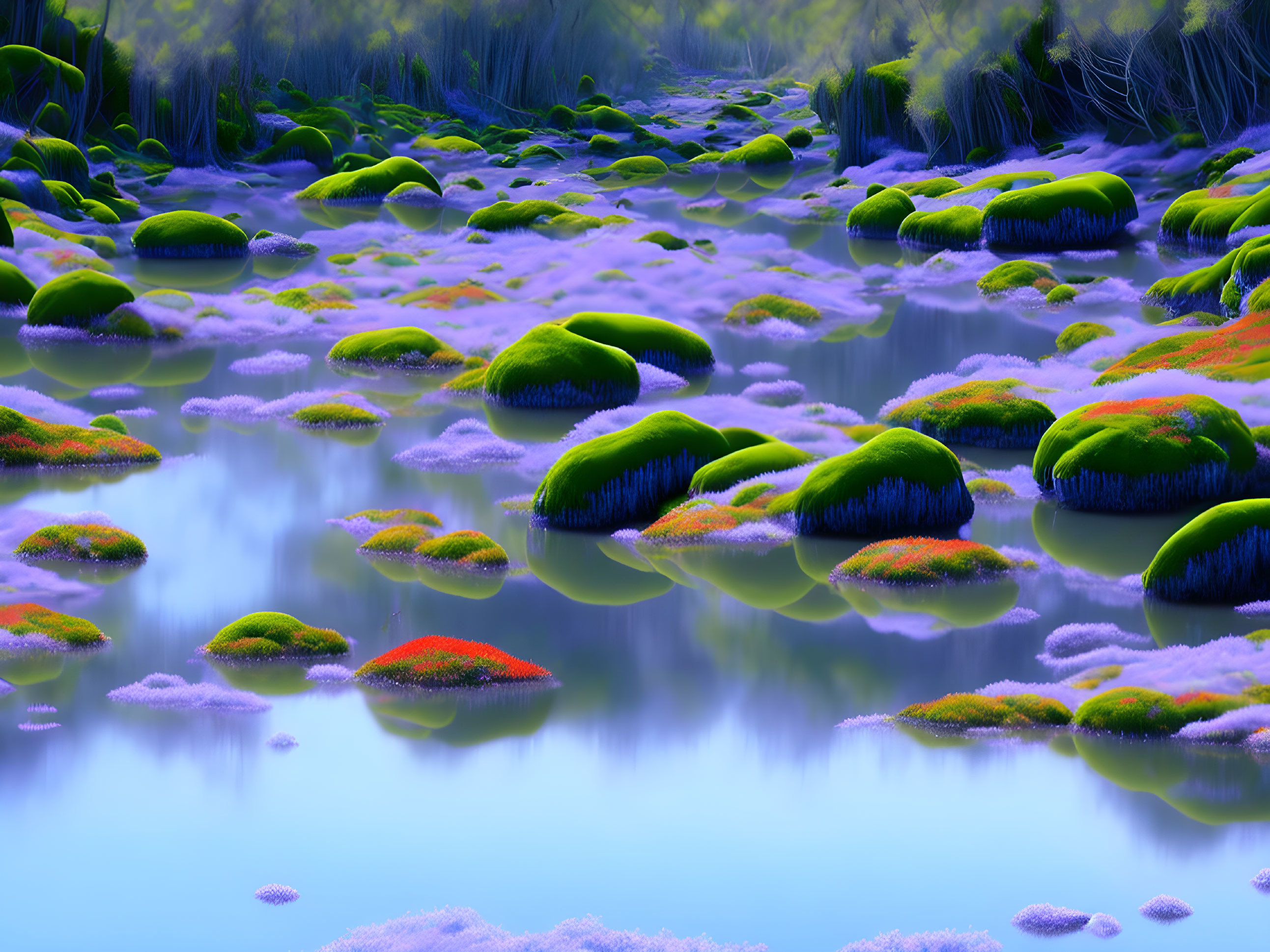 Enchanted Oasis: Mossy Rocks & Still Waters