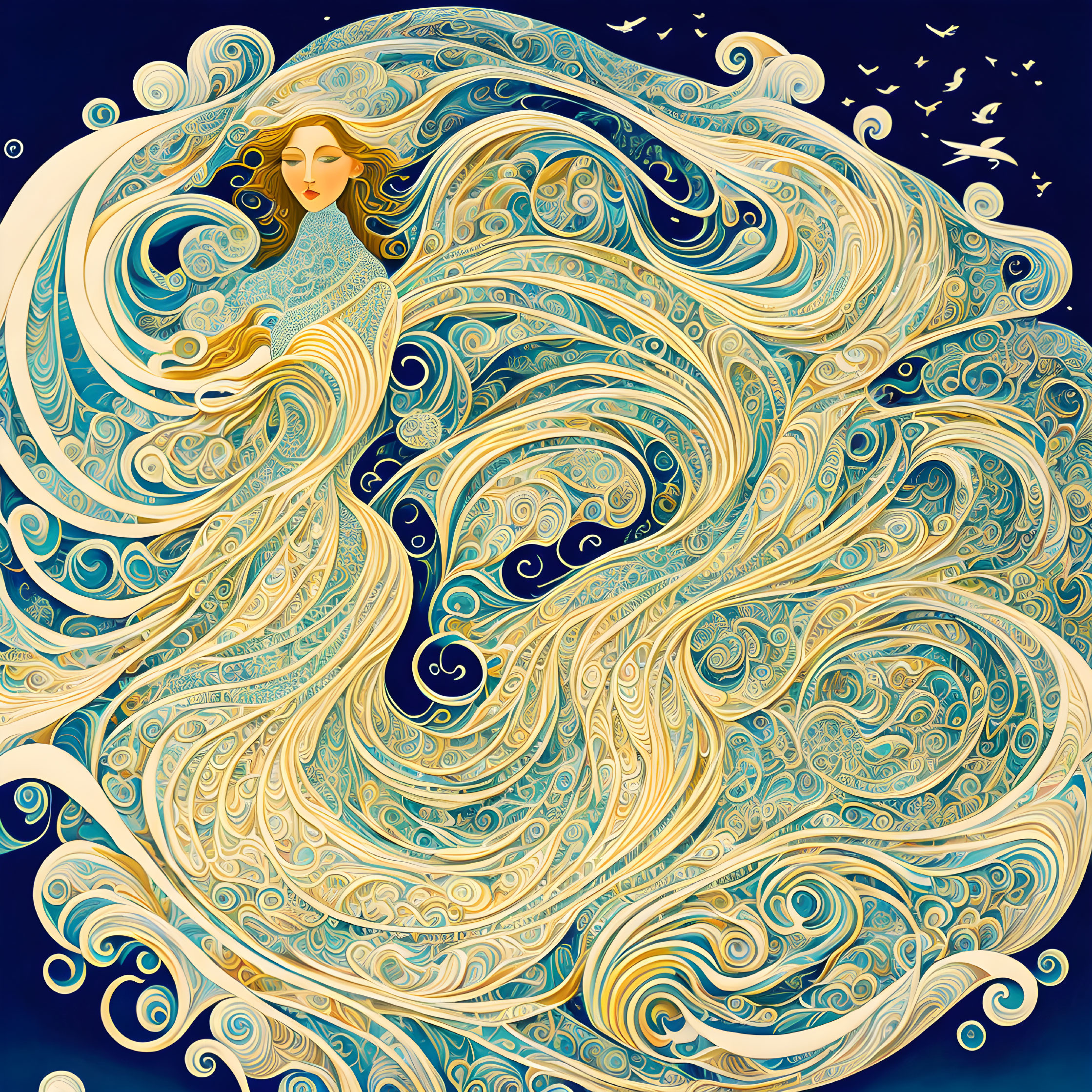 Art Nouveau-inspired woman with flowing hair in starry night sky.