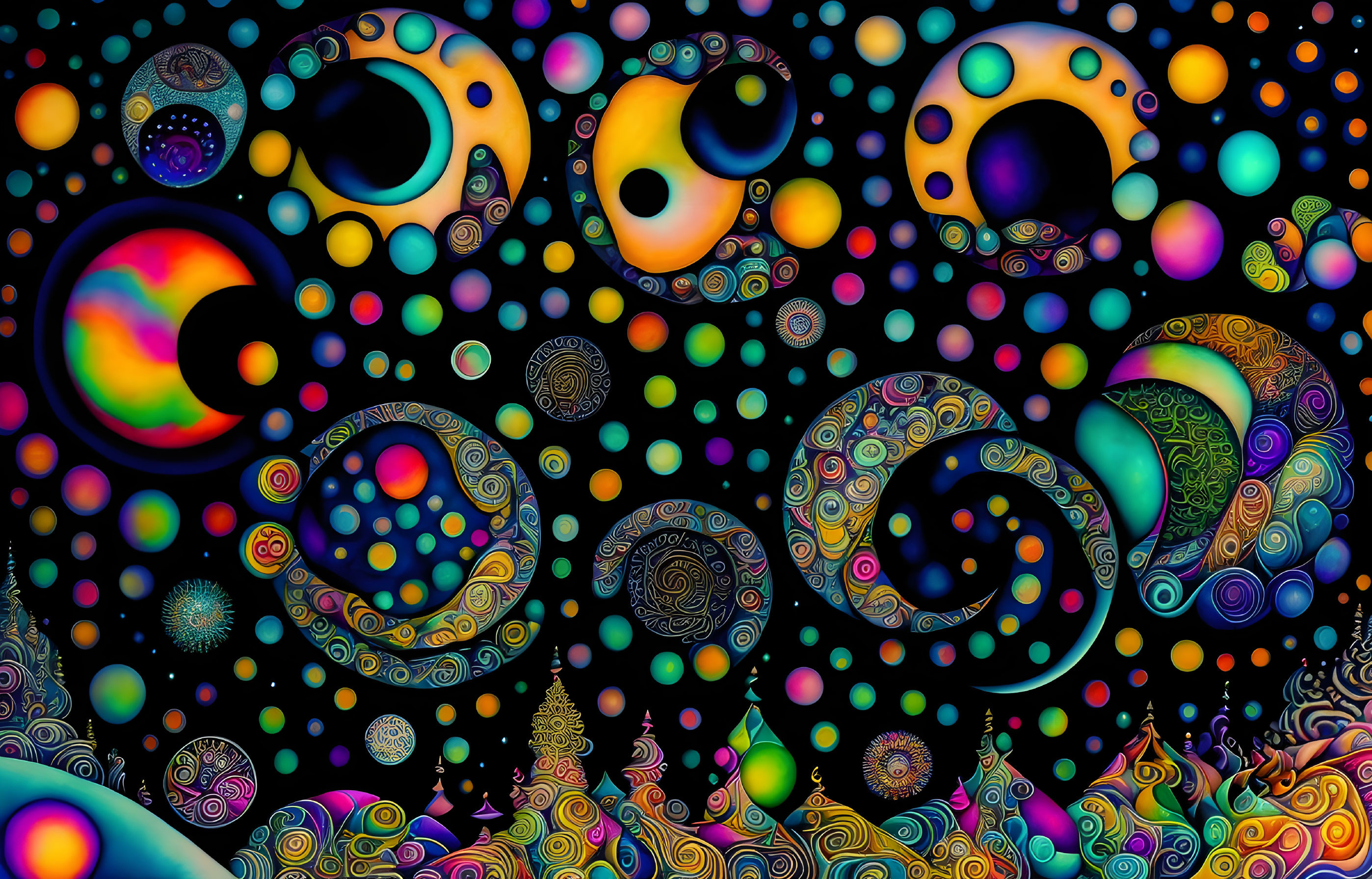 Colorful abstract art with swirling patterns and cosmic motifs