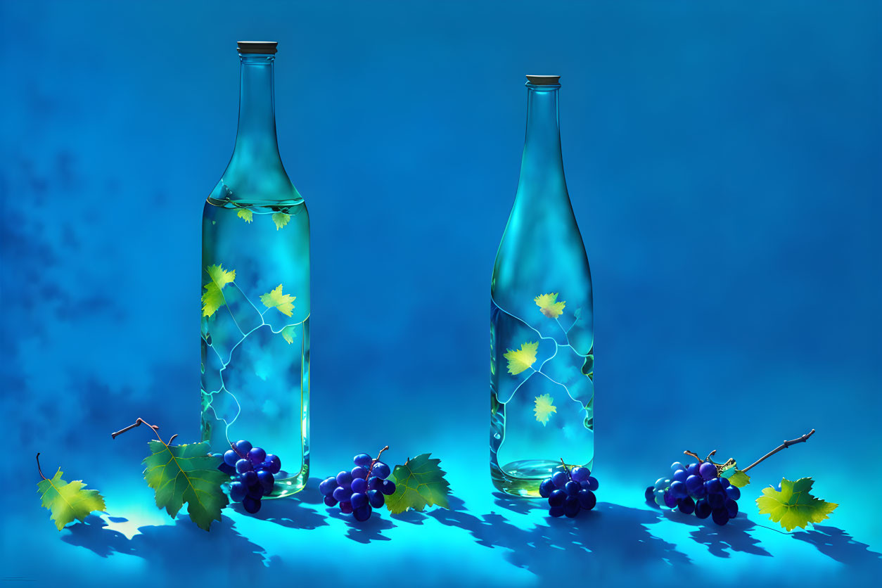 Transparent Bottles with Vine Leaves and Grapes on Blue Background