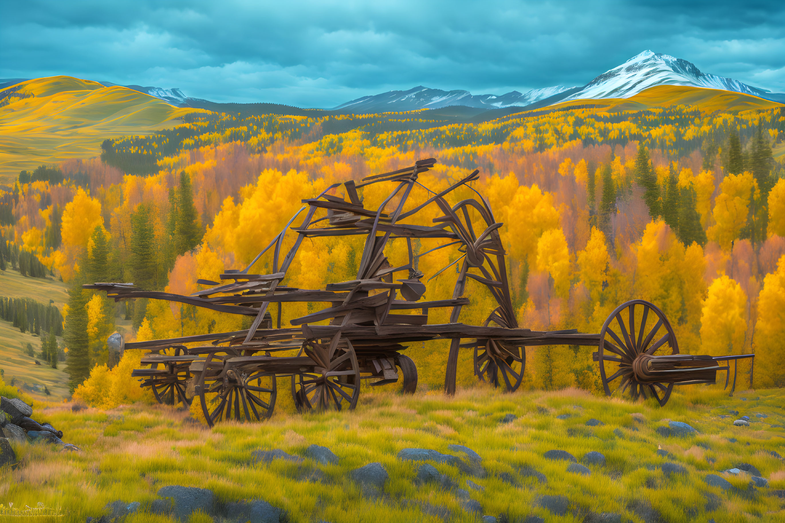 Vintage wooden irrigation wheel in autumn field with snowy mountains.