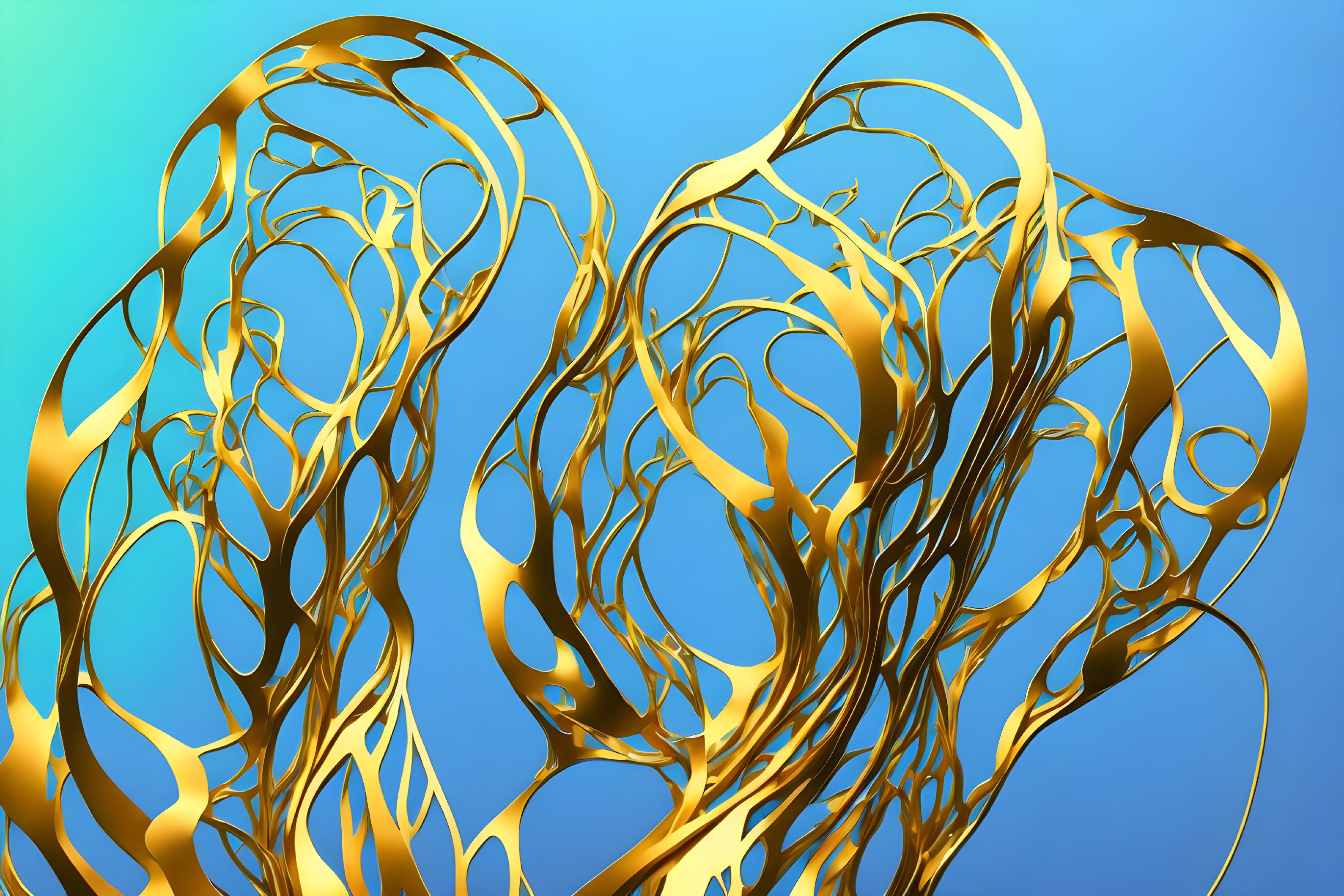 Golden ribbons swirl on blue backdrop