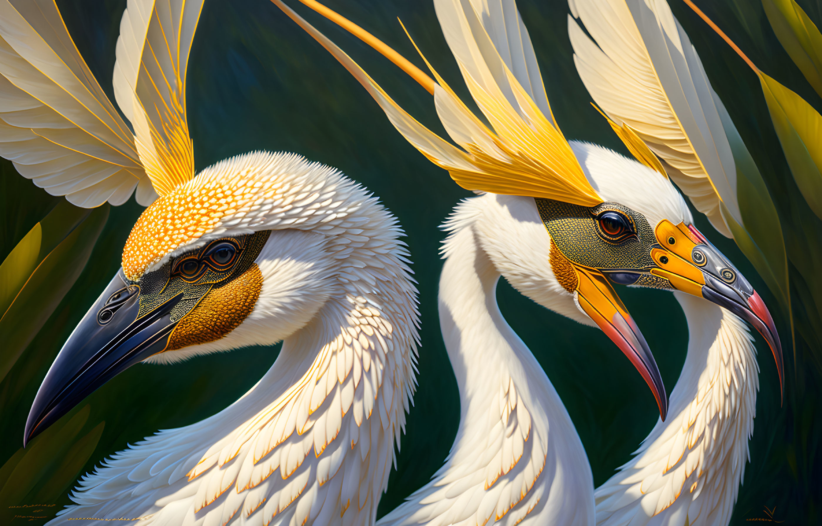 Vibrant Yellow and White Pelicans with Detailed Feathers