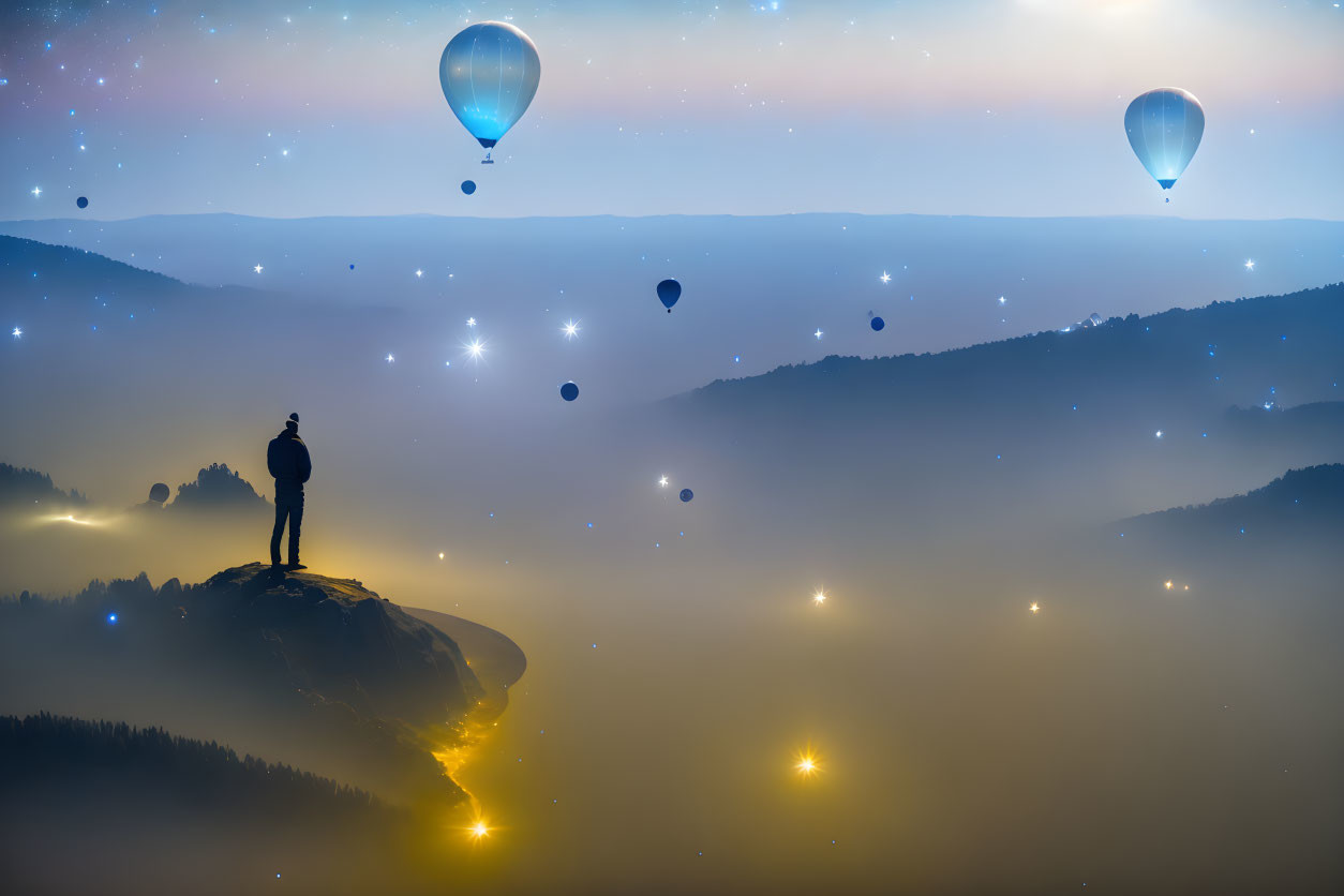 Person on Mountaintop Watching Hot Air Balloons at Twilight