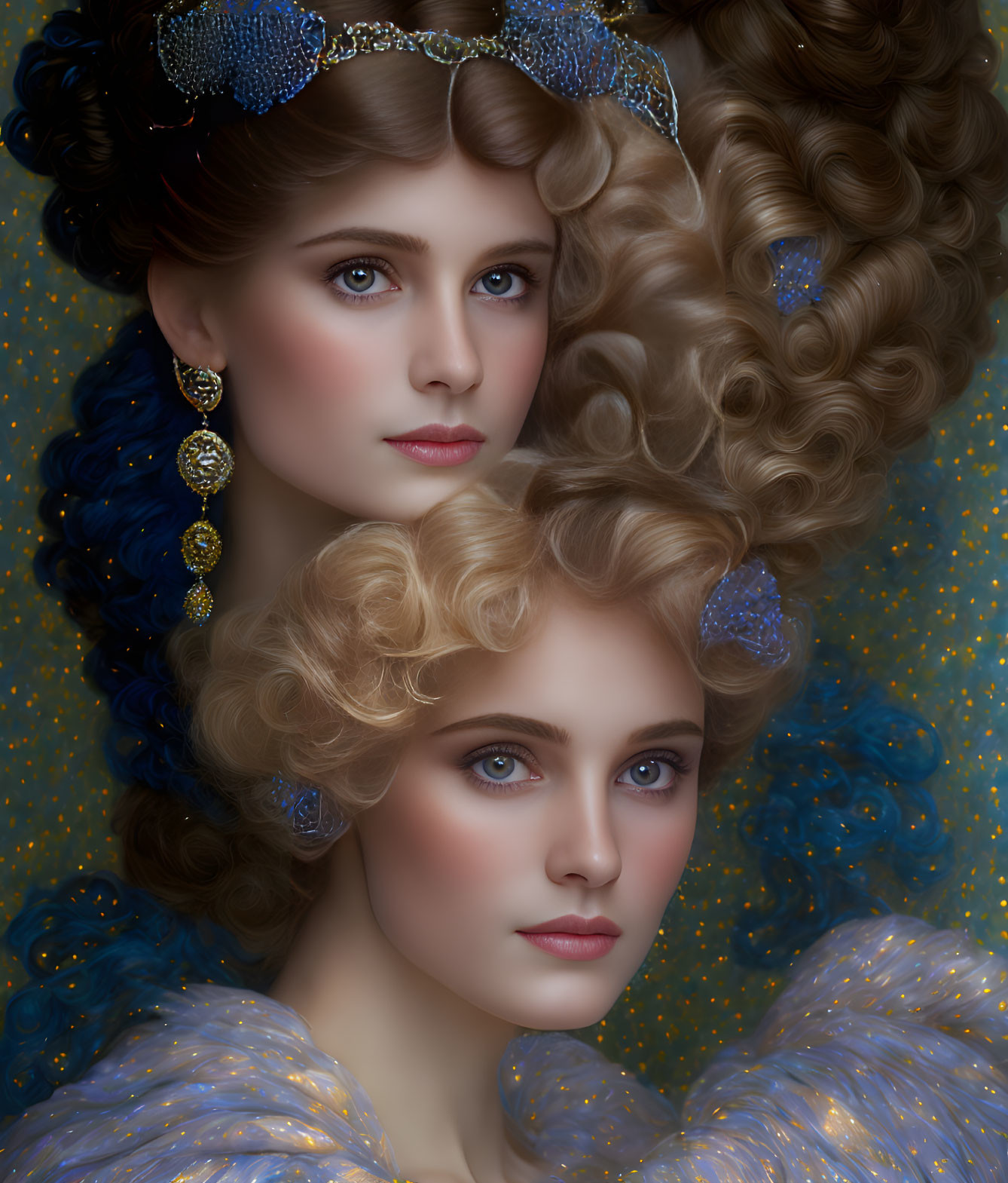 Women with Intricate Hairstyles and Vintage Attire in Blue and Gold Tones