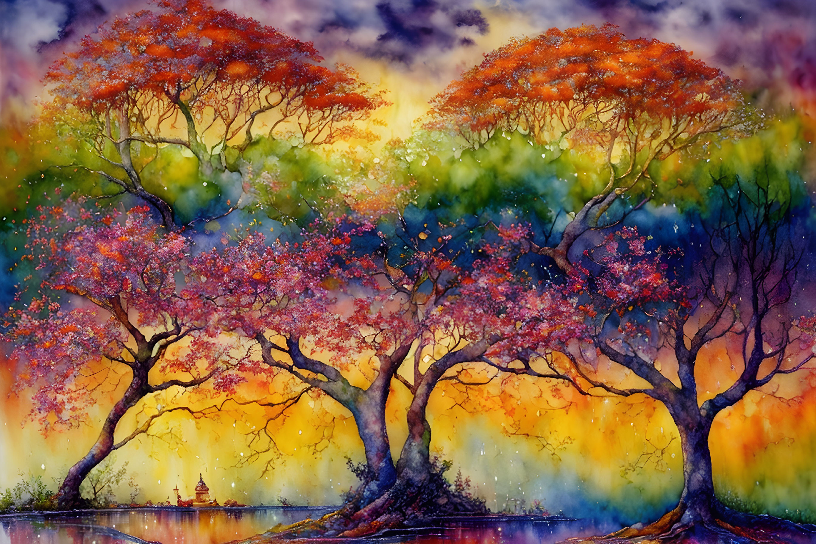 Vibrant watercolor painting: Twisted trees, red foliage, tranquil lake, dreamlike sky