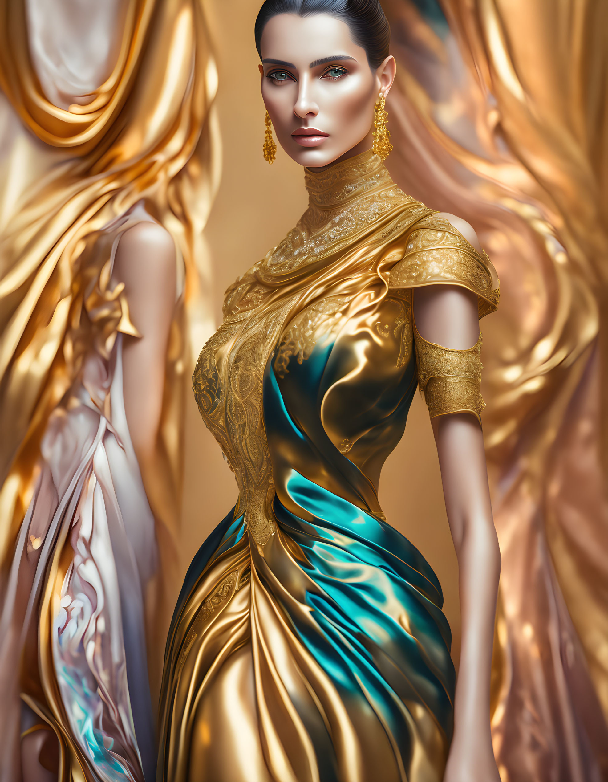 Sleek-Haired Woman in Gold and Teal Dress with Golden Embroidery