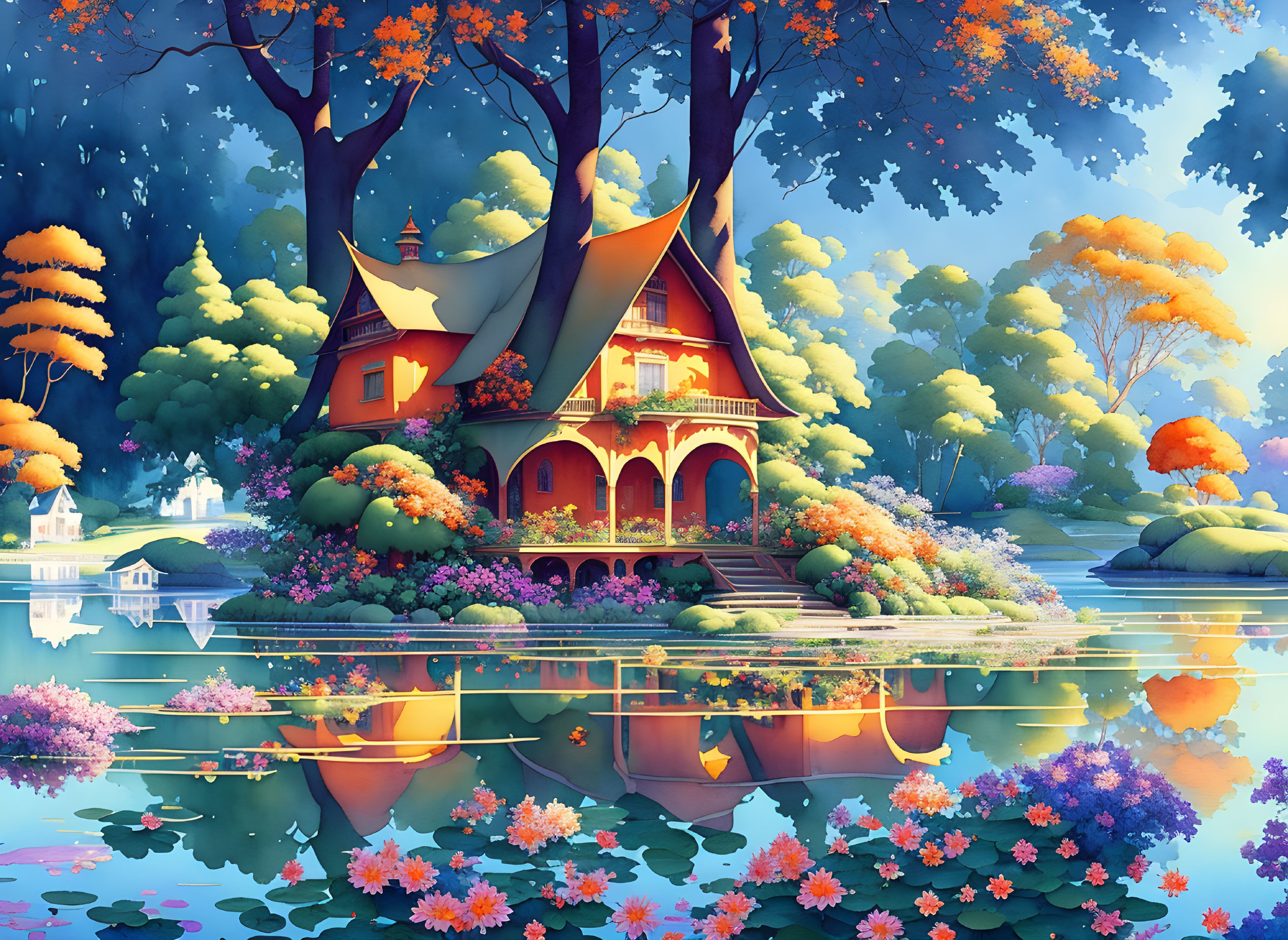 Colorful fantasy landscape with whimsical treehouse and serene lake at twilight