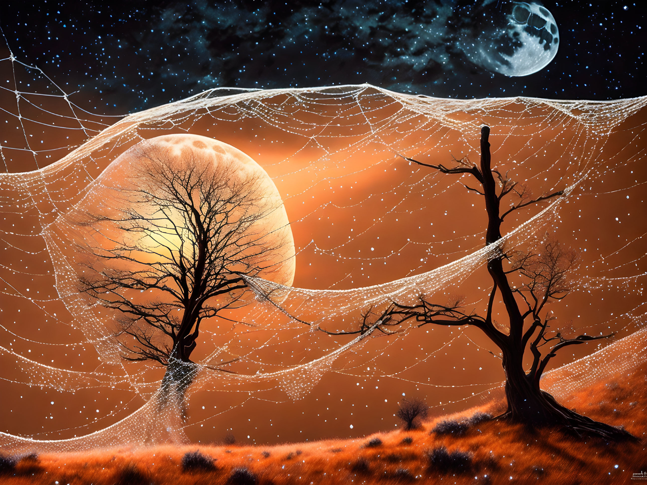 Night scene with large moon, barren tree, cobwebs, starry sky, and smaller moon.