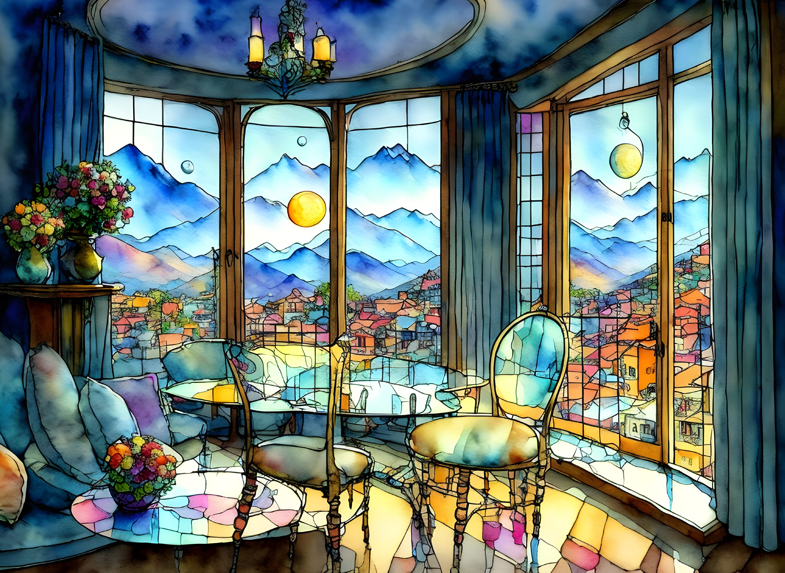 Vibrant illustration of cozy room with scenic view