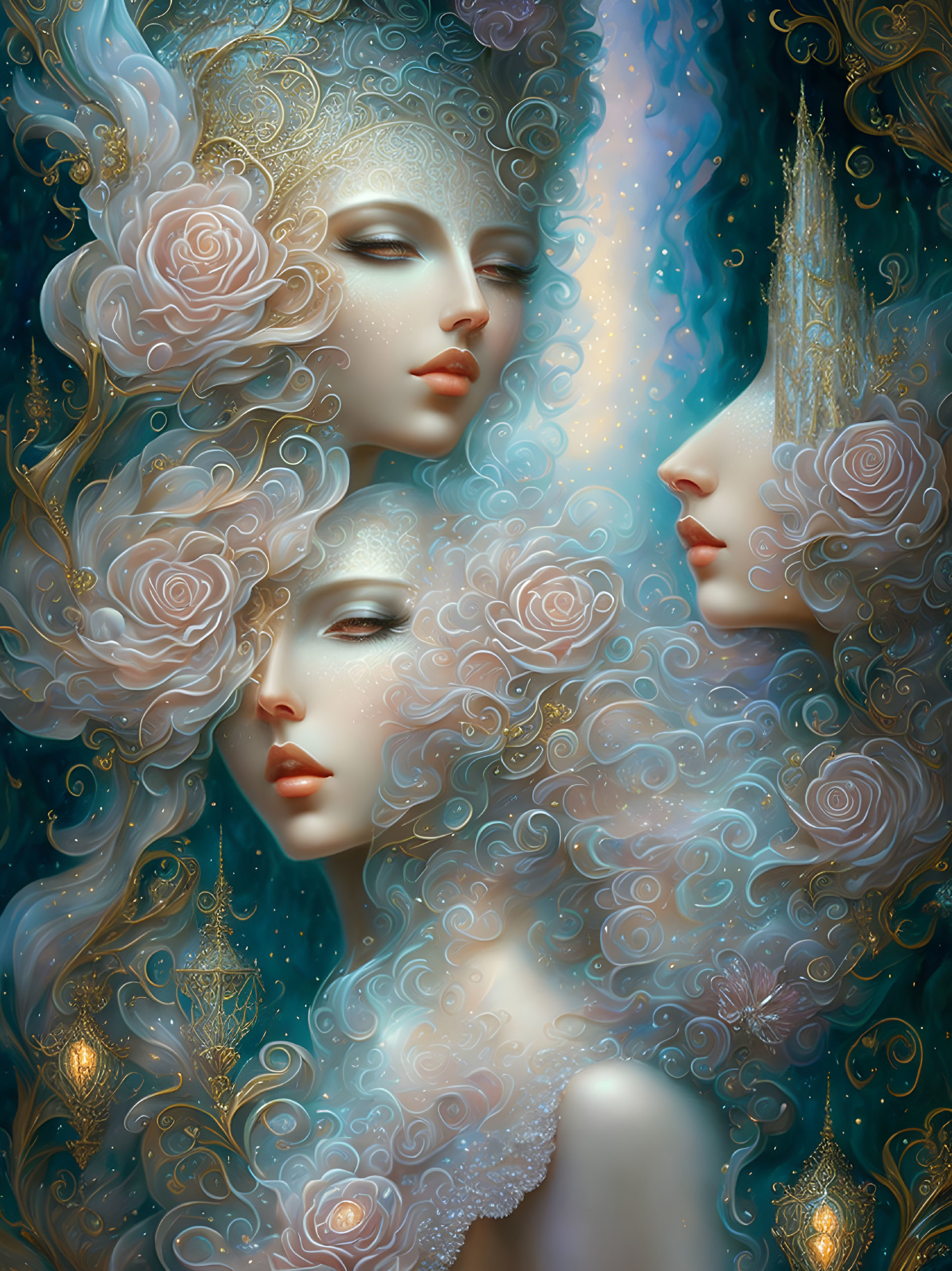 Ethereal Women with Swirls and Roses in Hair on Fantasy Background